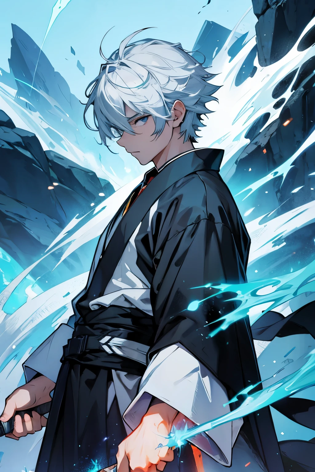 Flames effects around him.