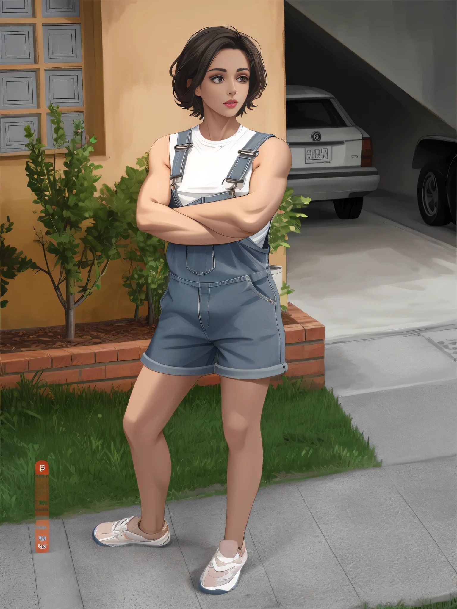 there is a woman standing in front of a house with her arms crossed, mulher wearing overalls curto, wearing overalls, foto de corpo inteiro, garota da academia, high resolution, alta qualidade, obra de arte, 8k. Uma mulher com pele branca bronzeada e cabelos escuros. ela tem cerca de 35 anos. high resolution, alta qualidade, obra de arte, 8k.