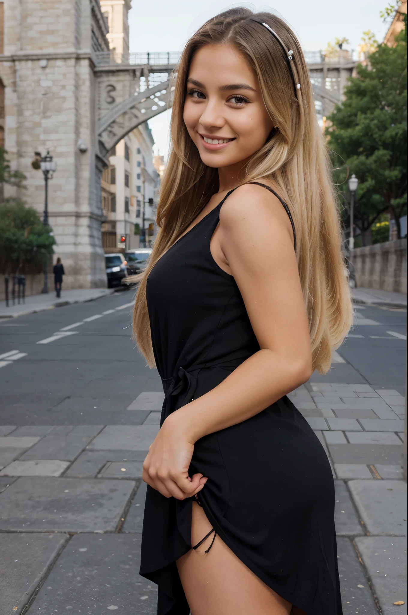 side pose of a beautiful 22 year old latino girl, wearing black and white dress, smiling and posing, IN front of Grand Gate, Brooklyn Bridge, long straight blonde hairs, flirty look, straight hairs, perfect curvy body, blonde eyes, blonde hairs, realistic skin texture, realistic photography