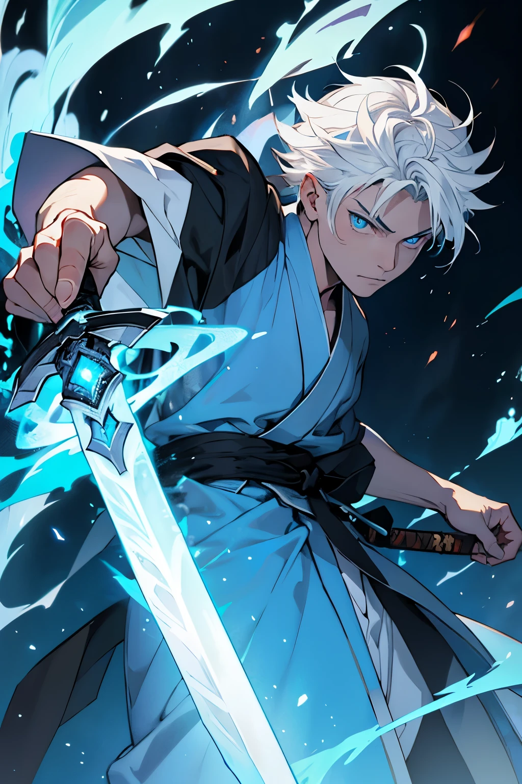 Jujutsu Sorcerer, Male, 20 years old, light blue eyes, white hair, black kimono. Ice and fire powers with effects and aura around him, one sword in both hands.