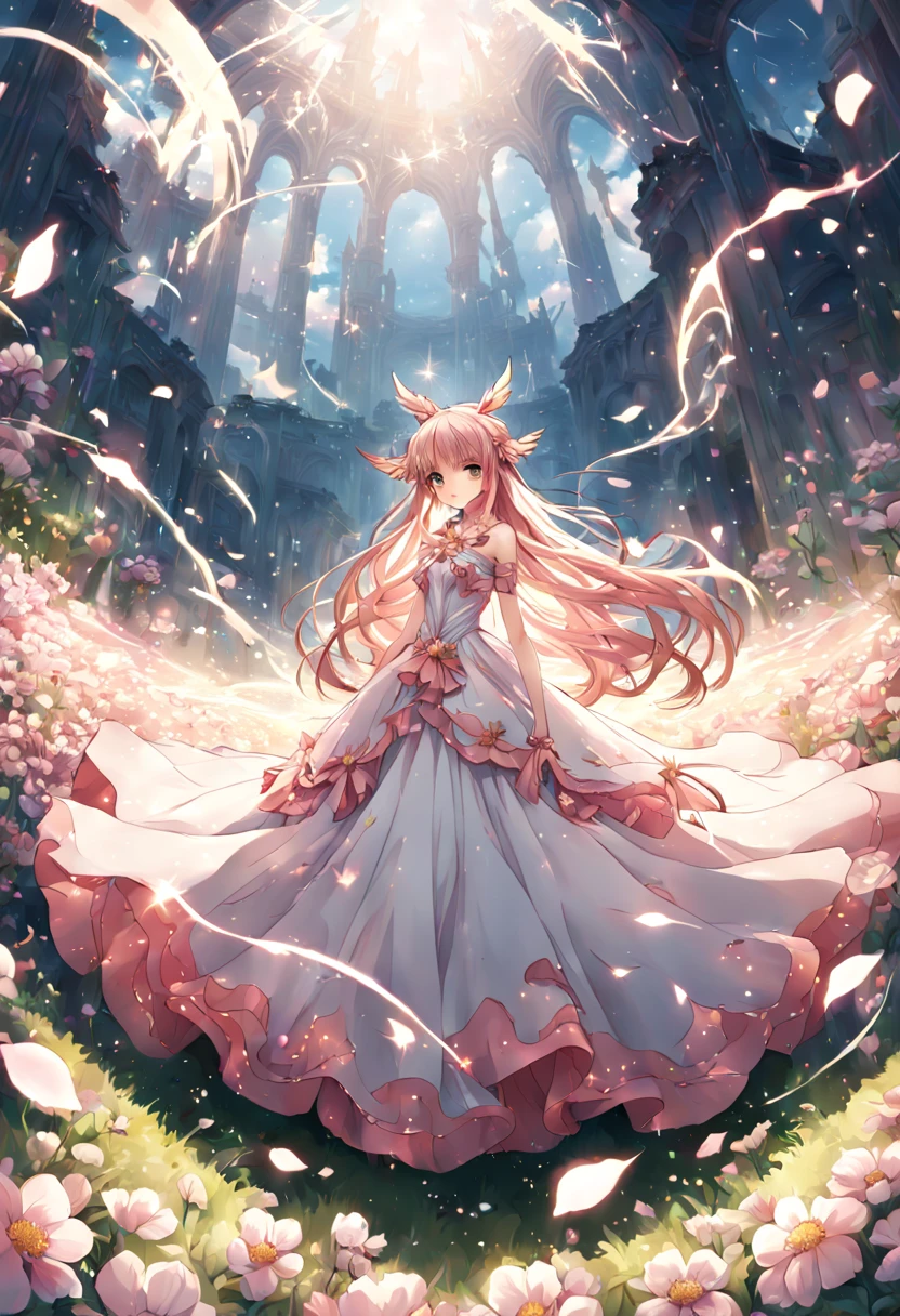 1girl, Digital illustration, Magical Girl in a Surreal Landscape, vibrant anime and fantasy art styles inspired by CLAMP and P.A. Works, the magical girl (hovers above a field of flowers, her flowing dress and long hair illuminated by a soft glow as sparkling petals swirl around her), shot on a high resolution digital camera with a 35mm lens from a three-quarter front view, rendered in crisp detail with atmospheric lighting effects.