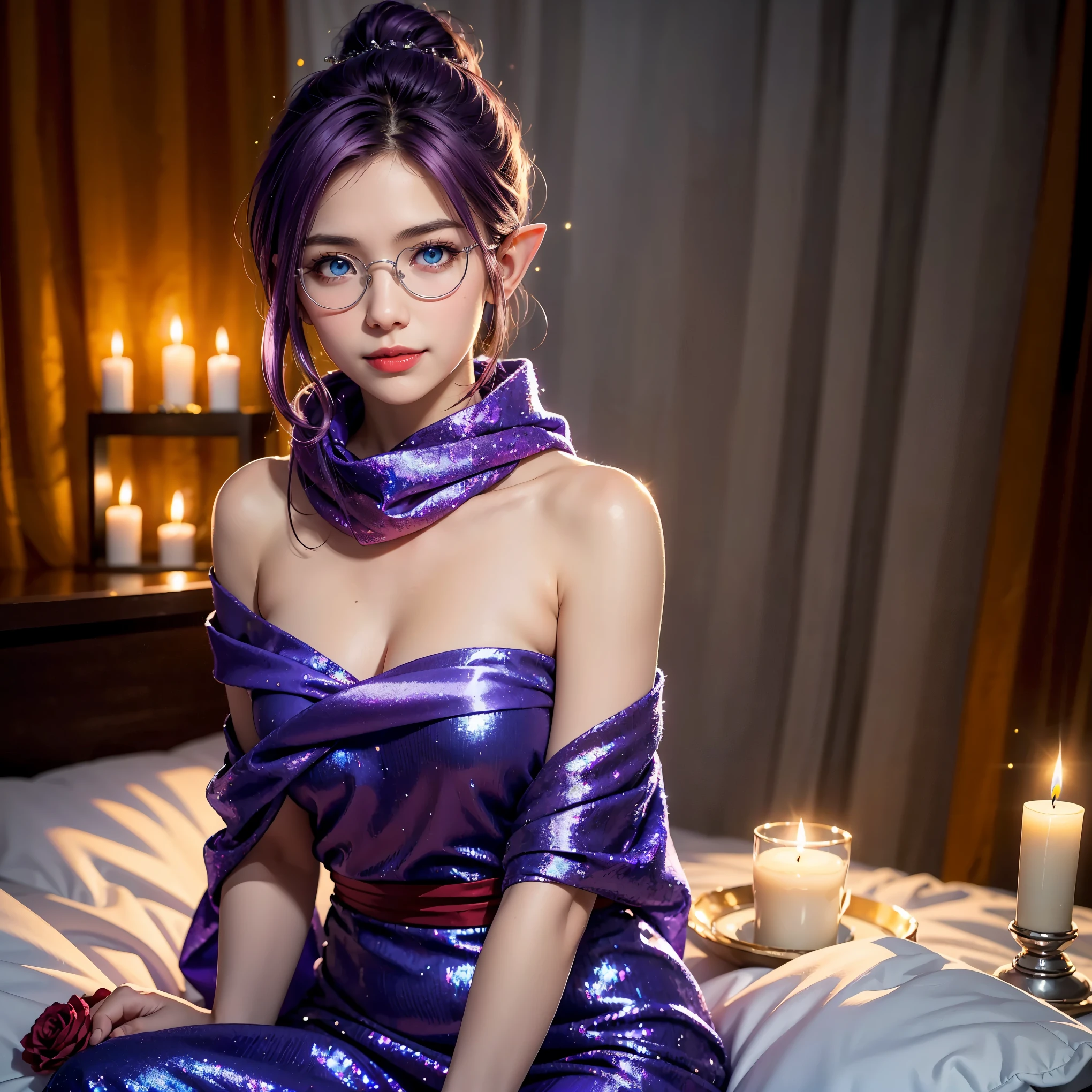 (perfect anatomy), (extreme-detailed photoreal), asian, japanese, (elf woman prominent asian features very short purple hair tied back as ponytail), cute smile,  features, wearing round glasses, blue eyes, ((sparkly silver shawl and wine red evening gown)), off shoulder, off back, red lipstick, sitting, flower diamond hairclip, fancy bed, romantic lighting, dark room,candlelit, back facing viewer, white cat, dreamscape, looking into hole