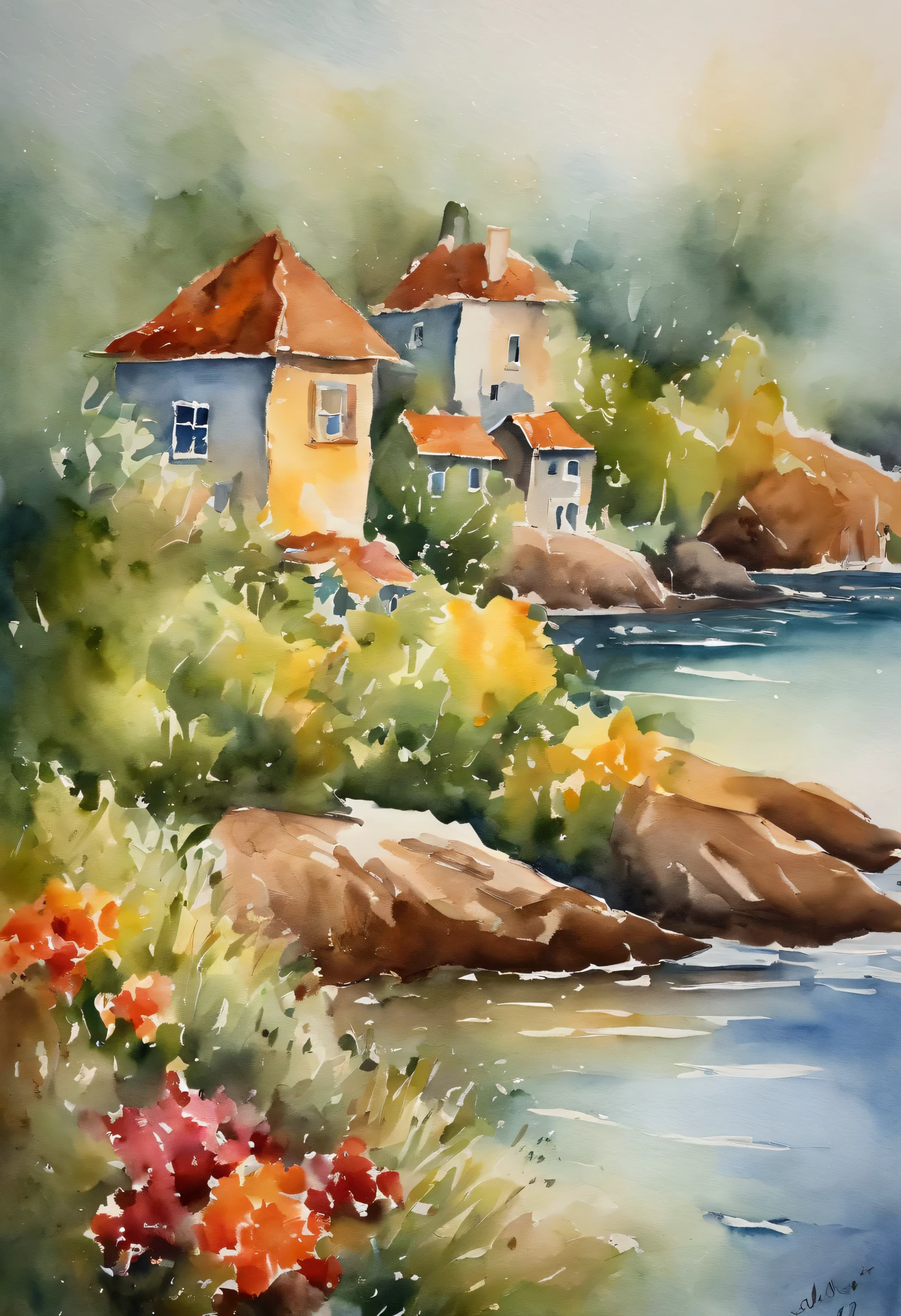 A mesmerizing 100% reverse watercolor painting showcasing the beauty of A collection of brush strokes In the form of parts of houses and flowers in seaside,here are hints of trees , and possibly a flowers in forest , not clearly defined random, infused with Mary Cassatt's tender strokes, the reverse watercolor technique creating an abstract and vibrant representation, Reverse watercolor painting on handmade watercolor paper, --Ar 1:1 --v 5