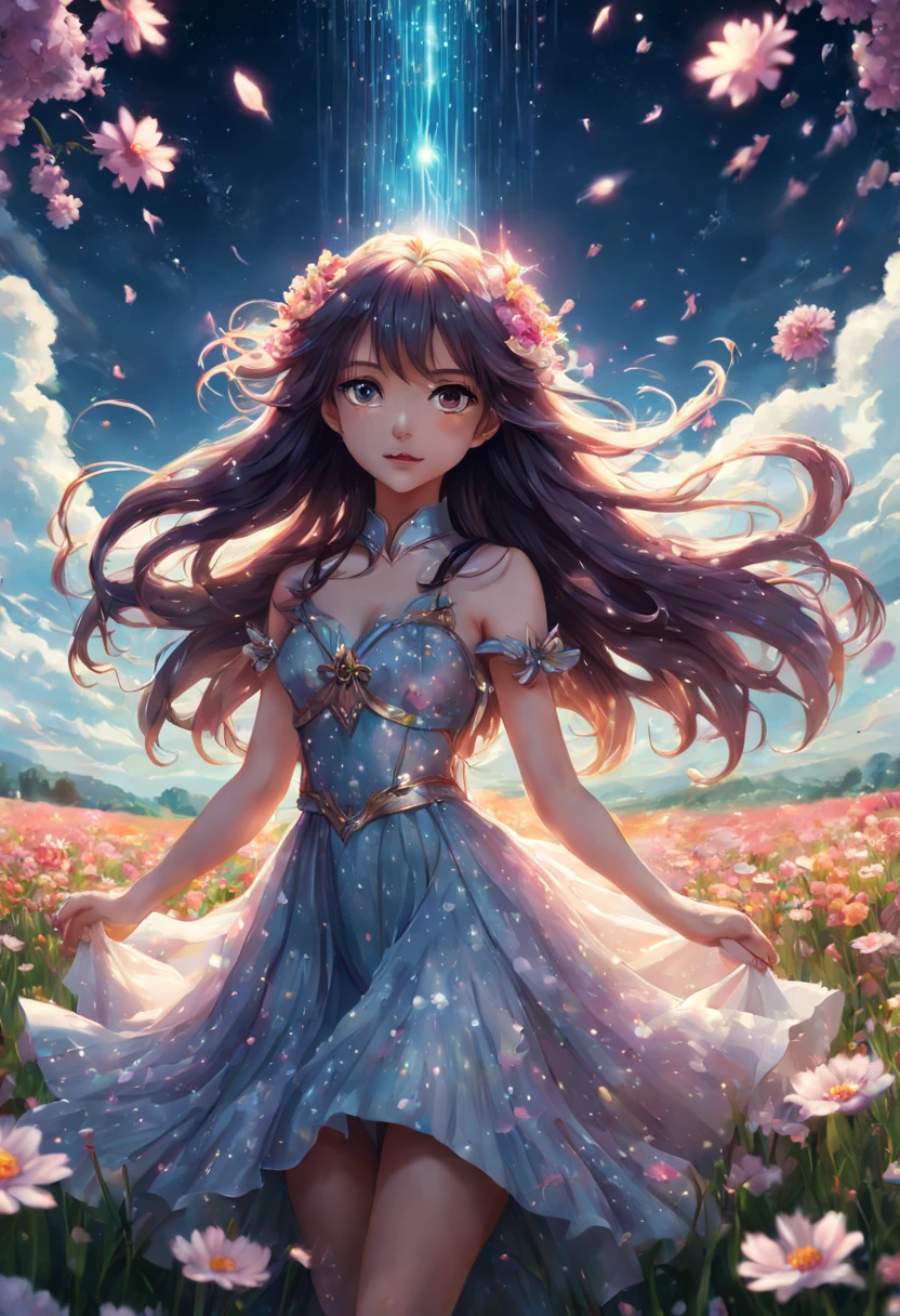 1girl, Digital illustration, Magical Girl in a Surreal Landscape, vibrant anime and fantasy art styles inspired by CLAMP and P.A. Works, the magical girl (hovers above a field of flowers, her flowing dress and long hair illuminated by a soft glow as sparkling petals swirl around her), shot on a high resolution digital camera with a 35mm lens from a three-quarter front view, rendered in crisp detail with atmospheric lighting effects.