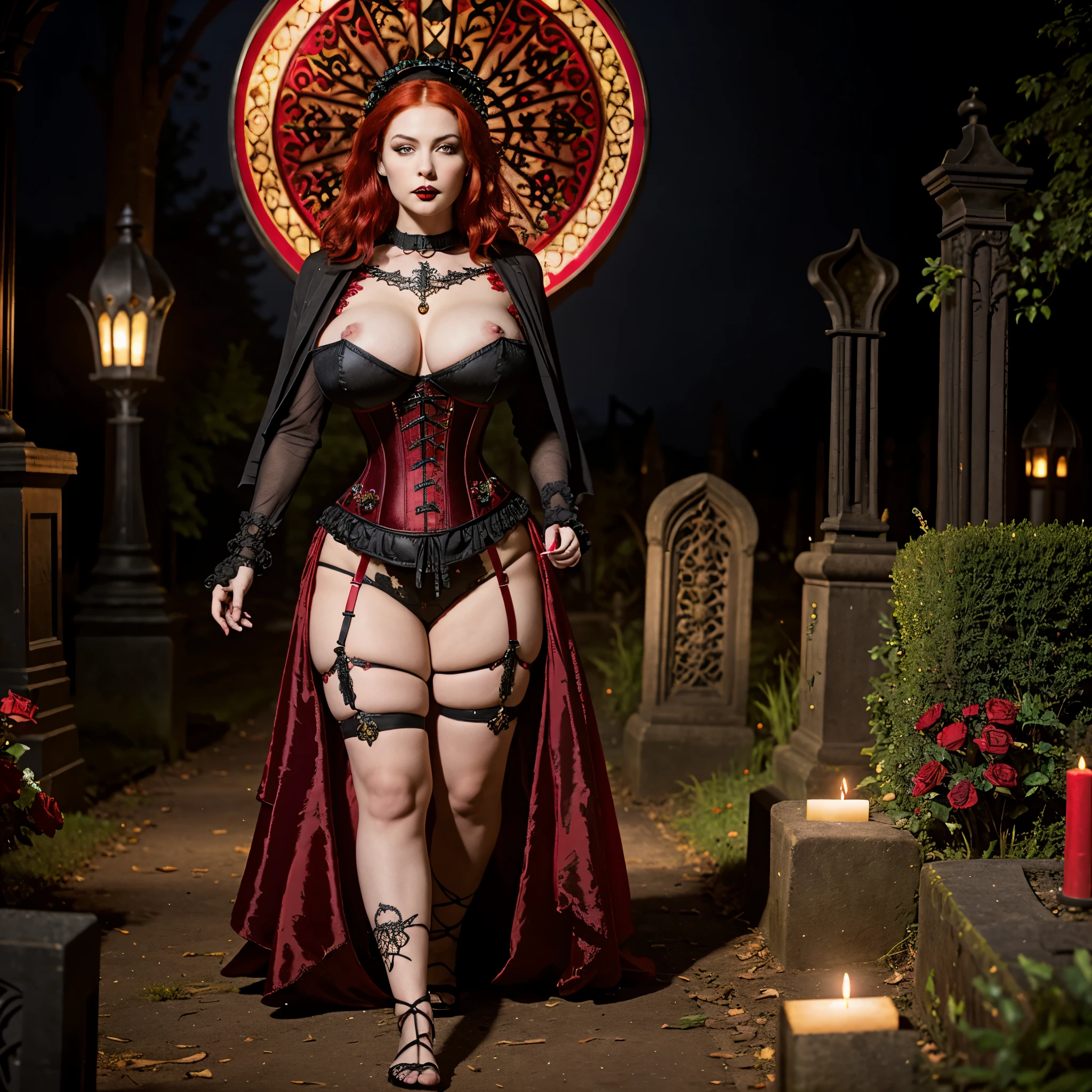 1girl with red hair (large tits:1.6) wearing a very (ornate (red:1.4) and black corset:1.3) walking in the cemetery at night holding a lantern, (full body:1.5), front view, (gothic art:1.7), (perfect face:1.6), (hyperrealistic:1.7), 8k