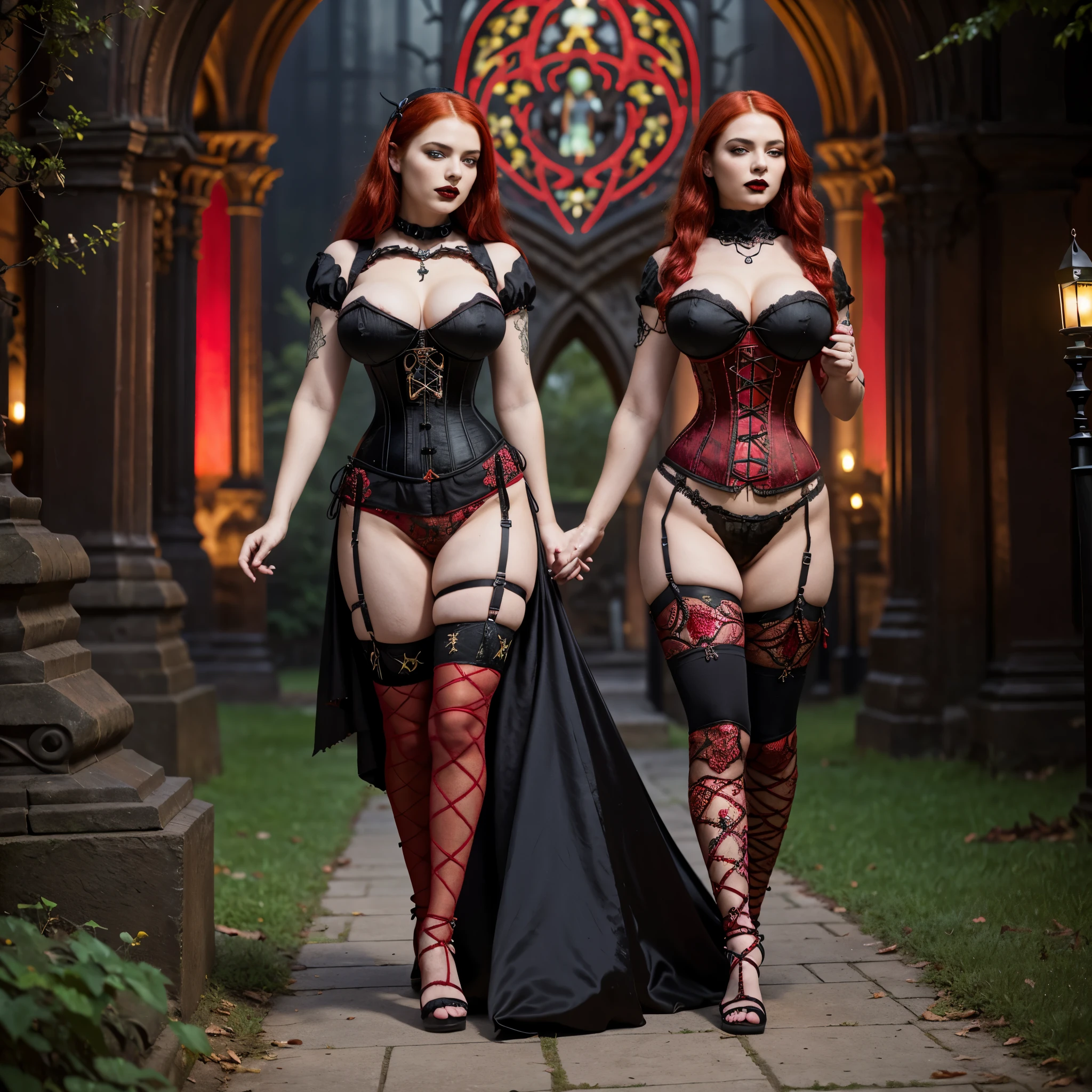 1girl with red hair (large tits:1.6) wearing a very (ornate (red:1.4) and black corset:1.3) walking in the cemetery at night holding a lantern, (full body:1.5), front view, (gothic art:1.7), (perfect face:1.6), (hyperrealistic:1.7), 8k