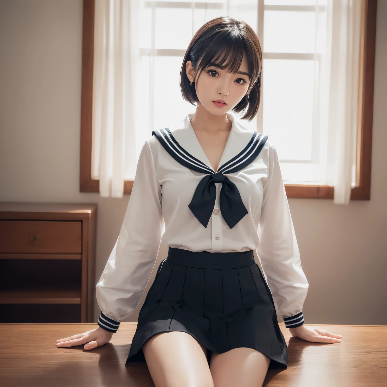 (1 girl:1.3, alone), (very pretty and beautiful japanese woman), (sexy girl), (professional attire:1.3), (22 years ago: 1.1), (from below:1.3), (Low - Angle:1.3), (shot on the ground:1.3), (girl on top:1.3), (back of arm、fitdelia、between the legs:1.3), (Attractive random pose:1.3), (In Queen Room:1.3), (Staring at you:1.3), break HA, (Bobble Ponytail:1.3), (光沢のある黒いthin髪:1.2), bangs, dark brown eyes, beautiful eyes, princess eyes, (Big eyes:1.3), bangs, hair between eyes, short hair:1.3, (thin:1.1), (Small Medium Breast:0.95), (thinウエスト: 1.15), (detailed beautiful girl: 1.4), parted lips, red lips, full makeup face, (shiny skin), ((perfect female body)), (Upper body image:1.3), perfect anatomy, perfect proportions, (The most beautiful Korean actress faces:1.3, Very cute and beautiful Japanese actress face:1.3), break, (show viewer, in uniform, (Sailor shirt with insanely detailed collar:1.3, long sleeve:1.3), (Black Box Skirt:1.3), detailed outfit, break, (Detailed classy queen room background:1.2), (dark background), (studio soft lighting: 1.3), (fake light: 1.3), (Backlight: 1.3), break, (realistic, realistic: 1.37), (table top, highest quality: 1.2), (ultra high resolution: 1.2), (RAW photo: 1.2), (sharp focus: 1.3), (face focus: 1.2), (Super detailed CG unified 8k wallpaper: 1.2), (beautiful skin: 1.2), (white skin: 1.3), (Very sharp focus: 1.5), (Ultra sharp focus: 1.5), (beautiful cute face: 1.3), (highly detailed background, detail background: 1.3), Ultra-realistic photography, hyper sharp image, hyper detailed image,