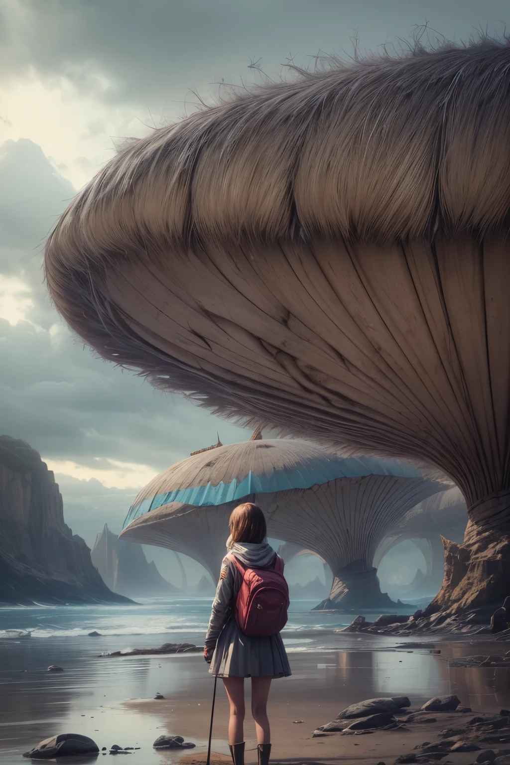 "((Adventurous))(( girl)), exploring alien landscapes, dramatic cloudscape, vast horizon, cinematic framing, rule of thirds, dynamic composition, stormy weather, powerful presence of the eye in the sky"