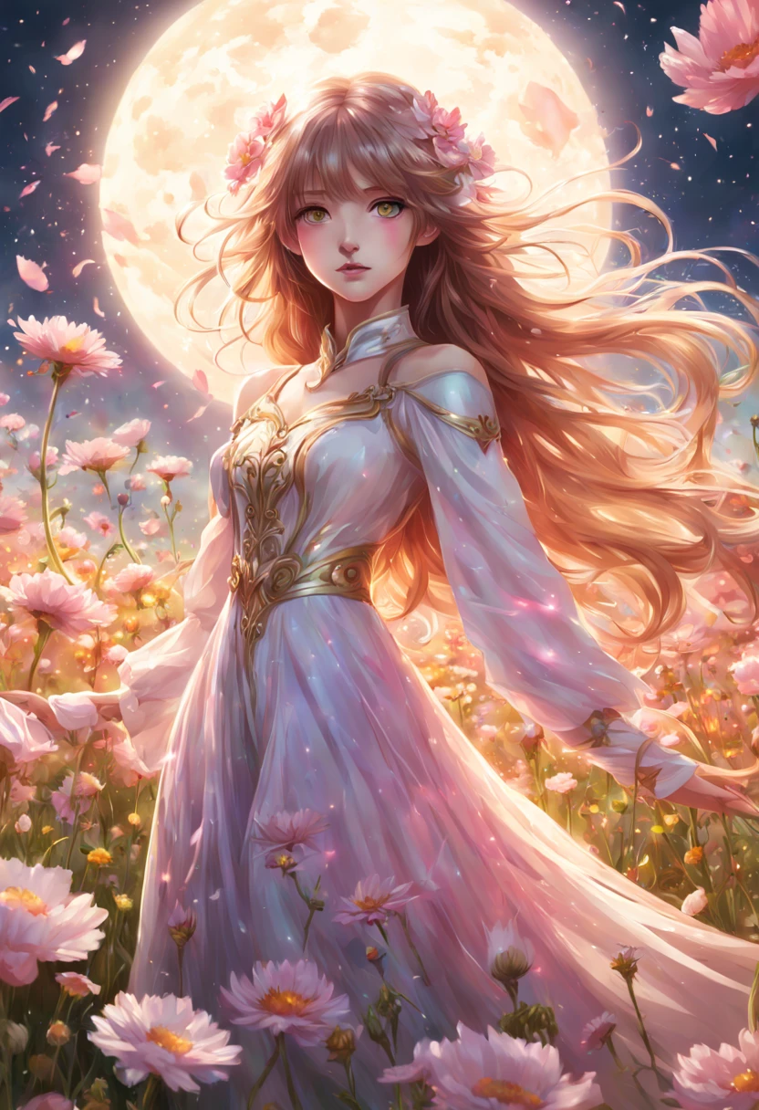 1girl, Digital illustration, Magical Girl in a Surreal Landscape, vibrant anime and fantasy art styles inspired by CLAMP and P.A. Works, the magical girl (hovers above a field of flowers, her flowing dress and long hair illuminated by a soft glow as sparkling petals swirl around her), shot on a high resolution digital camera with a 35mm lens from a three-quarter front view, rendered in crisp detail with atmospheric lighting effects.