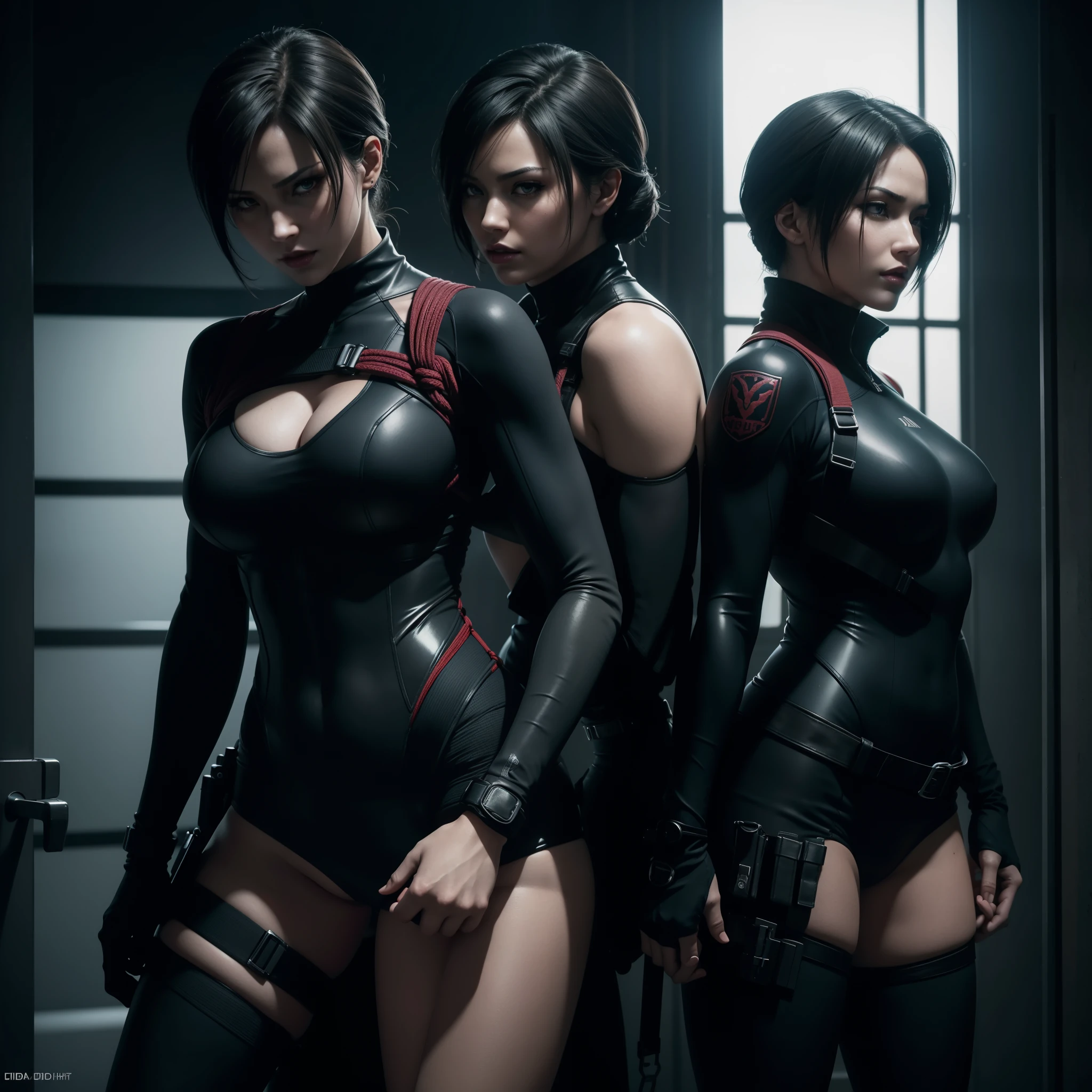 sexy Ada Wong and Jill Valentine from Resident Evil, touching eachother, intimate, full body shot, shot from head to toes, shot from behind, she is wearing sexy tight battle wetsuit with corsait, high overknee boots and high heels, pistol tight holster, wearing a vivid lipstick and makeup, her hands are crossed behind her backs, hands covered with chains, bondage, shibari, hands handcuffed, hands tied up, ((detailed skin texture)), ((high detail face)), seductive pose, full body shot, (realistic photo), (best quality), (detailed), HDR, (8k), (wallpaper), (cinematic lighting), (dramatic lighting), (sharp focus), (intricate), RAW photo, posing for camera, 8k uhd, high quality, film grain, by Craig Morey, from behind
