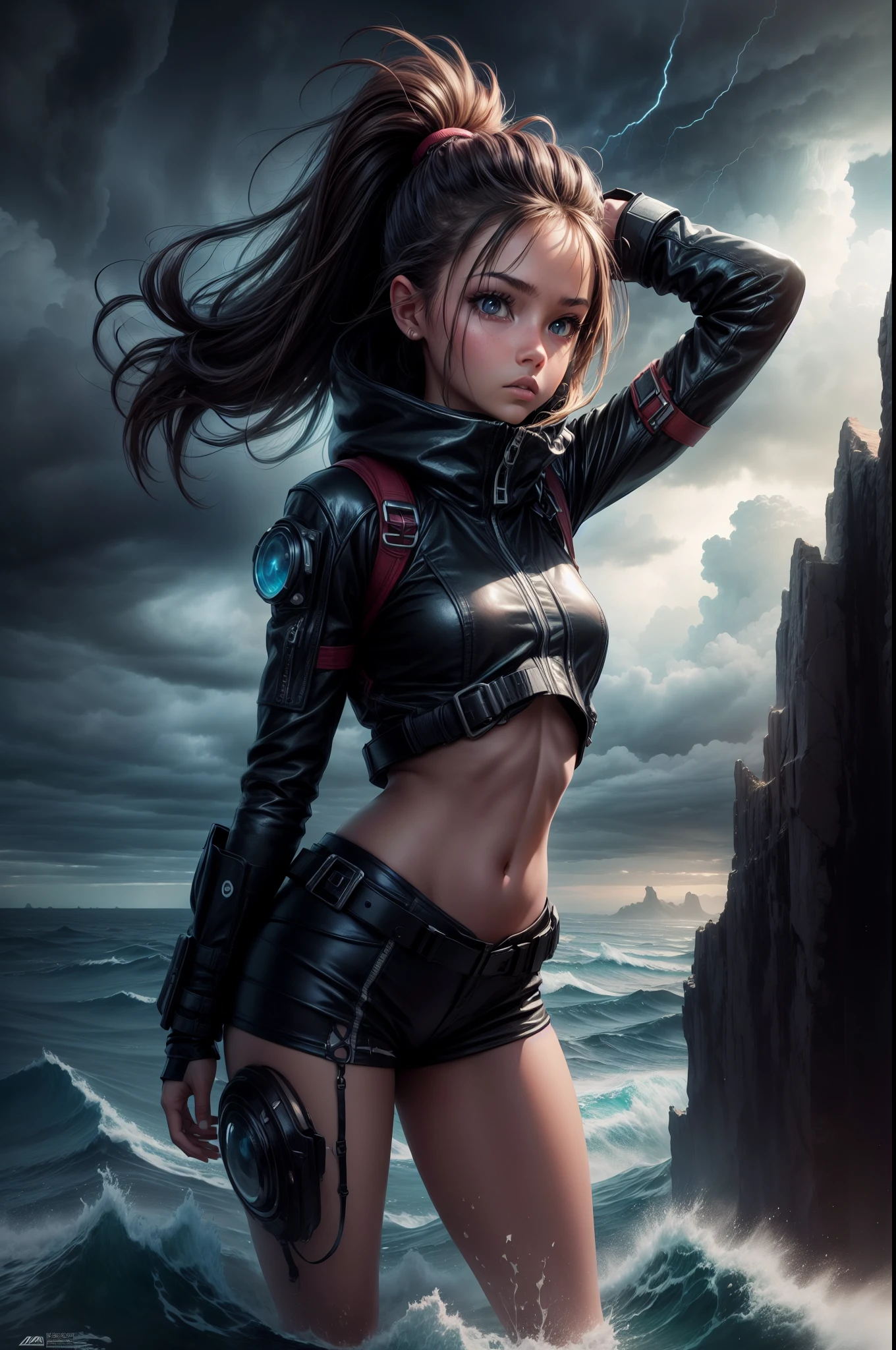"((Adventurous))(( girl)), exploring alien landscapes, dramatic cloudscape, vast horizon, cinematic framing, rule of thirds, dynamic composition, stormy weather, powerful presence of the eye in the sky"
