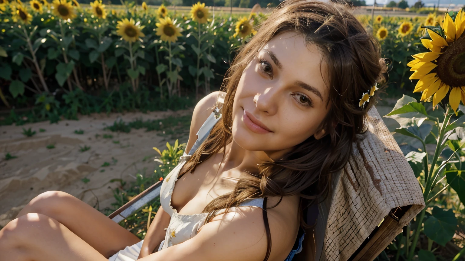 (masterpiece, best quality) 1girl, KassandraAssaOdy, solo, long hair, brown hair, brown eyes, sitting in a sunflower field, smiling, flower in hair bem sexy