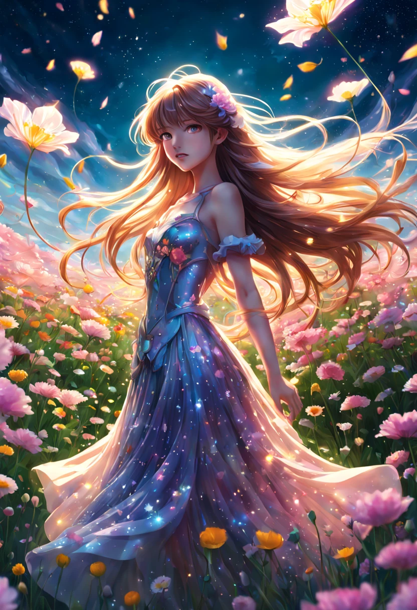 1girl, Digital illustration, Magical Girl in a Surreal Landscape, vibrant anime and fantasy art styles inspired by CLAMP and P.A. Works, the magical girl (hovers above a field of flowers, her flowing dress and long hair illuminated by a soft glow as sparkling petals swirl around her), shot on a high resolution digital camera with a 35mm lens from a three-quarter front view, rendered in crisp detail with atmospheric lighting effects.