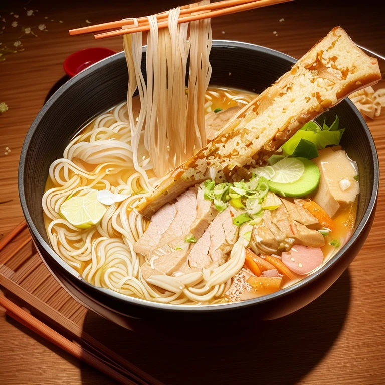 there is a bowl of noodles with meat and vegetables in it, amazing food illustration, super realistic food picture, realistic photo of delicious pho, eating ramen, ramen, highly detailed digital painting, very detailed digital painting, anime food, inspired by Tan Ting-pho, beautiful digital artwork, stunning digital illustration, hyperrealistic illustration, exquisite digital illustration