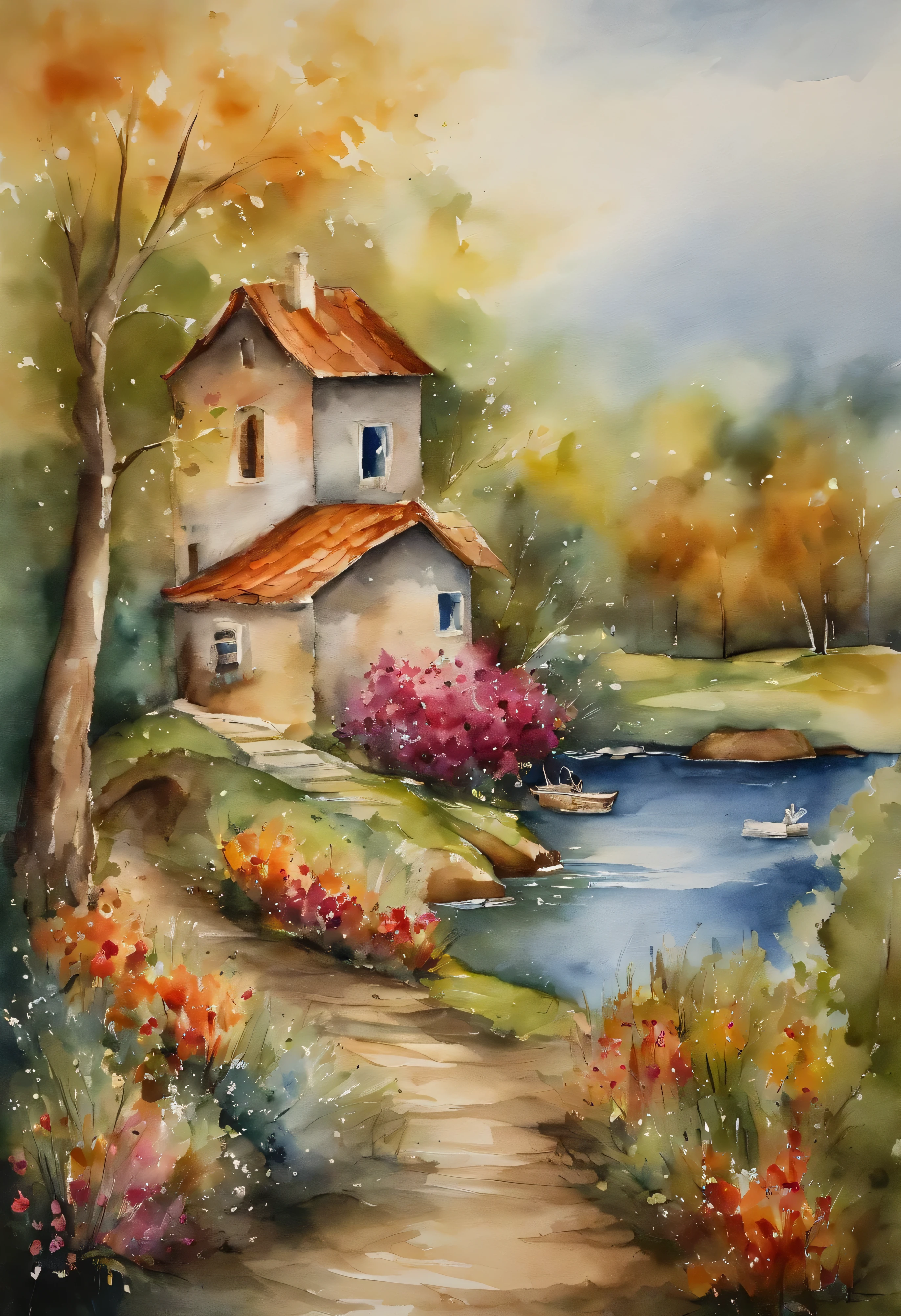A mesmerizing 100% reverse watercolor painting showcasing the beauty of A collection of brush strokes In the form of parts of houses and flowers in seaside,here are hints of trees , and possibly a flowers in forest , not clearly defined random, infused with Mary Cassatt's tender strokes, the reverse watercolor technique creating an abstract and vibrant representation, Reverse watercolor painting on handmade watercolor paper, --Ar 1:1 --v 5
