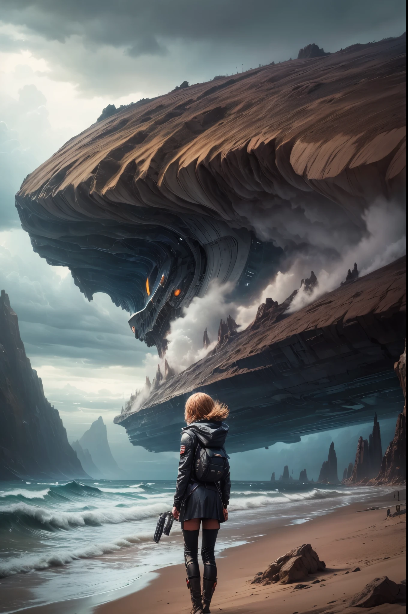 "((Adventurous))(( girl)), exploring alien landscapes, dramatic cloudscape, vast horizon, cinematic framing, rule of thirds, dynamic composition, stormy weather, powerful presence of the eye in the sky"