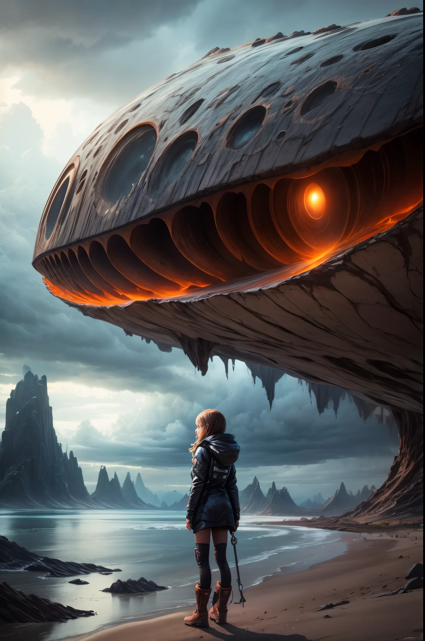 "((Adventurous))(( girl)), exploring alien landscapes, dramatic cloudscape, vast horizon, cinematic framing, rule of thirds, dynamic composition, stormy weather, powerful presence of the eye in the sky"