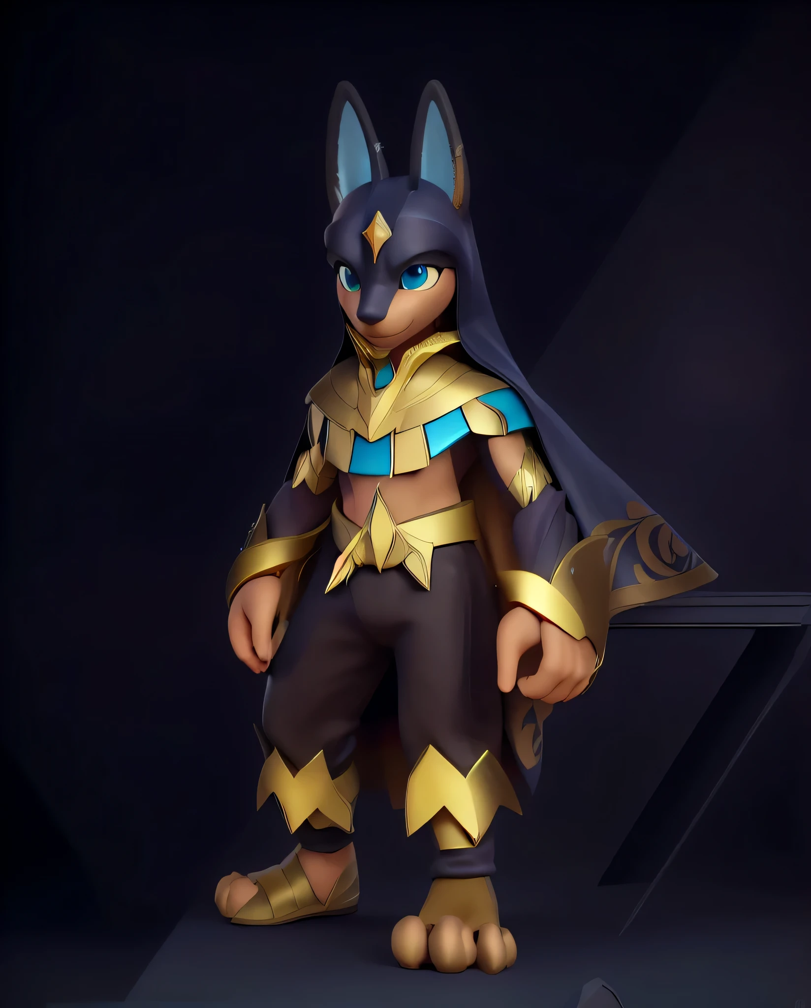 (high resolution), ((intricate details)), (Masterpiece), (((HD))), HDR, a close up of a 3D character in a costume, muscular Anubis , portrait of Anubis , CHACAL BLUE EYES, ((dark satin cape)) , black and gold shiny armor, round blue gem at chest plate, varguyart style, faired skin, brown skin, shiny egyptian armor, metallic bronze skin, tane skin, anubis, ((COTON PANTS with golden details)), focused, defined