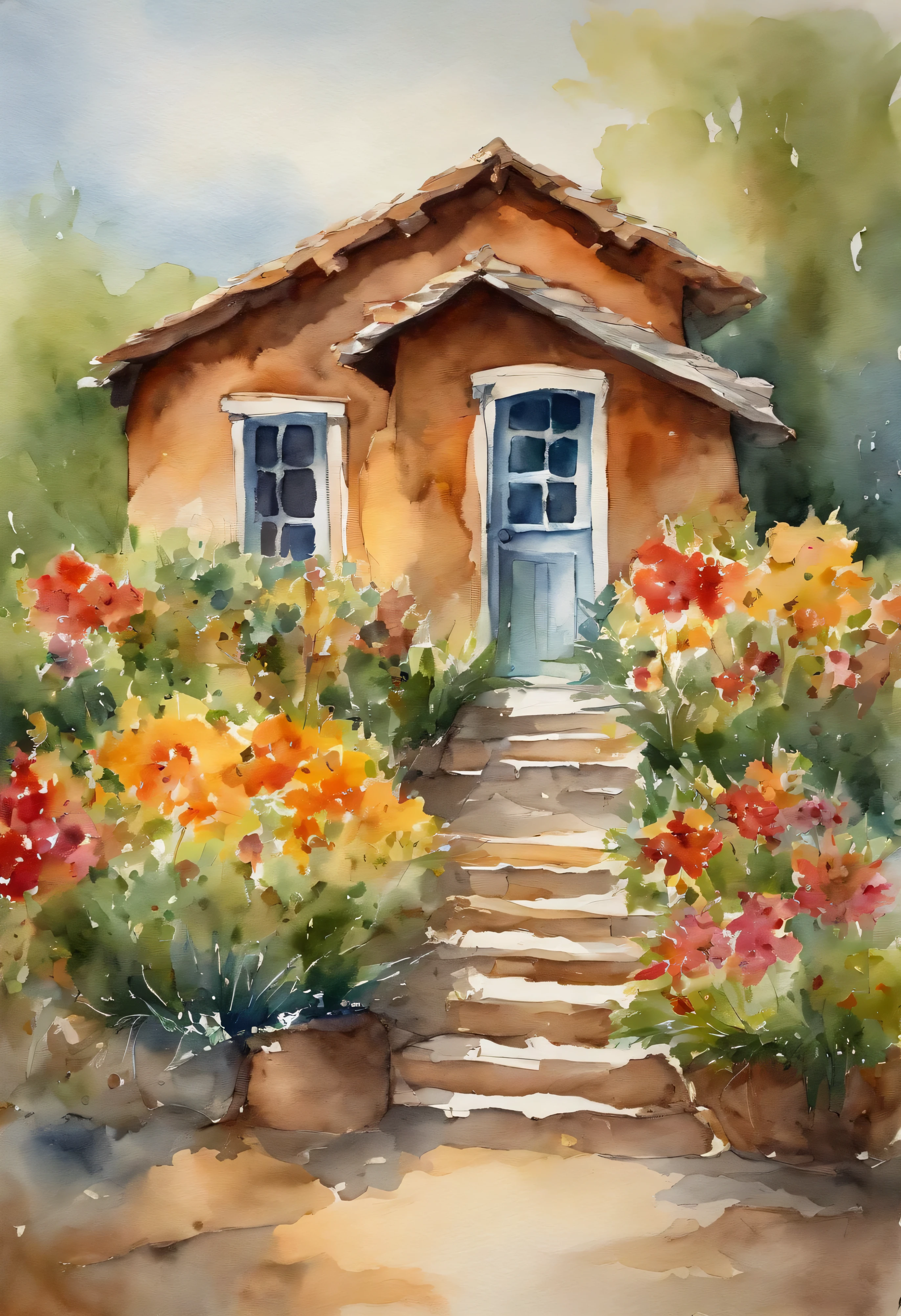 A mesmerizing 100% reverse watercolor painting showcasing the beauty of A collection of brush strokes In the form of parts of houses and flowers in seaside,here are hints of trees , and possibly a flowers in forest , not clearly defined random, infused with Mary Cassatt's tender strokes, the reverse watercolor technique creating an abstract and vibrant representation, Reverse watercolor painting on handmade watercolor paper, --Ar 1:1 --v 5