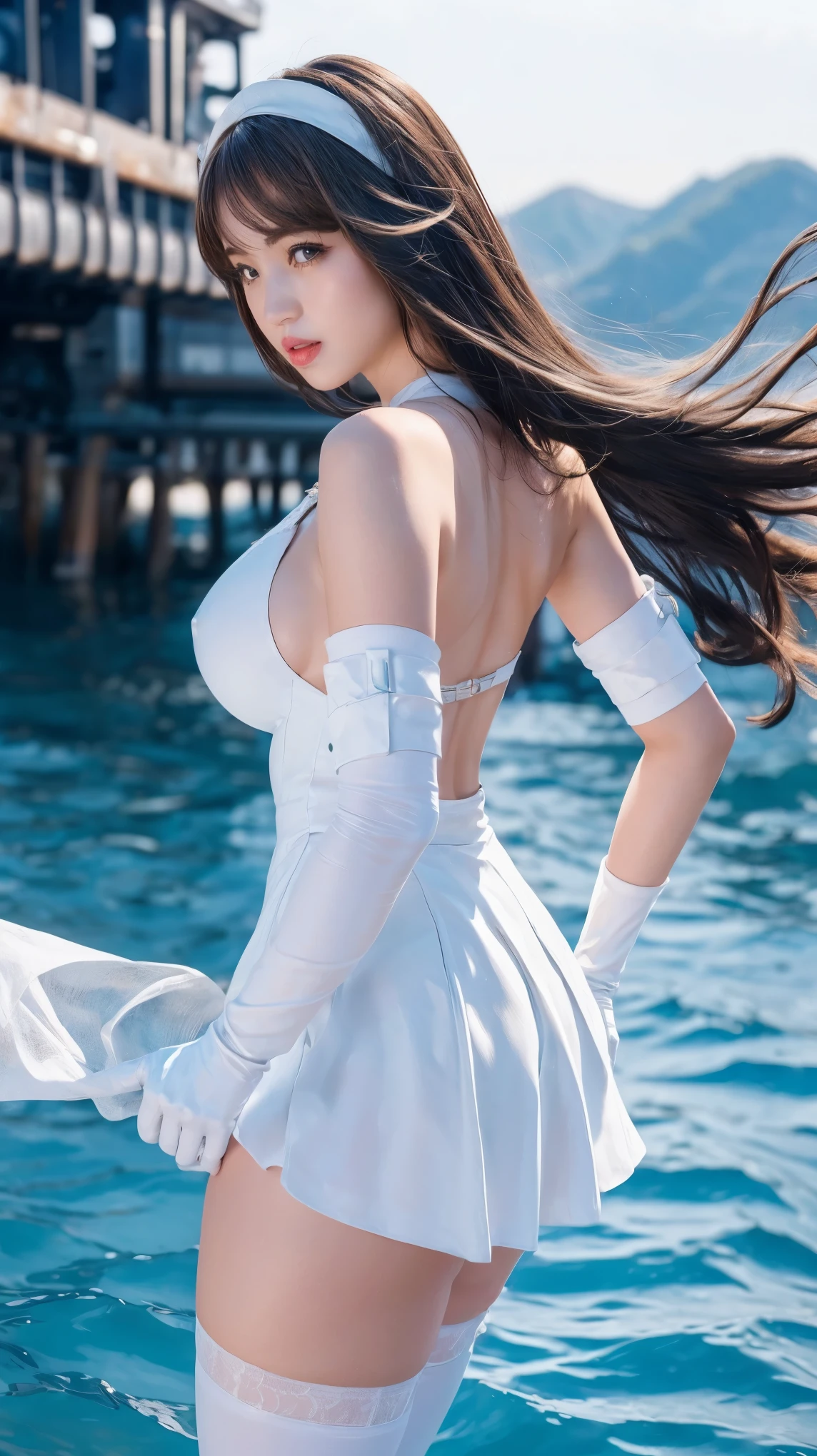 ((best quality)), ((masterpiece)), ((1girl)), solo, Ferry, ((long hair)), FerryBase, ((thighhighs)), bare shoulders, ((jewelry)), ((sleeveless)), intricate white dress, intricate short blue skirt, ((gloves)), thigh-high, from behind. Big breasts and slender body 