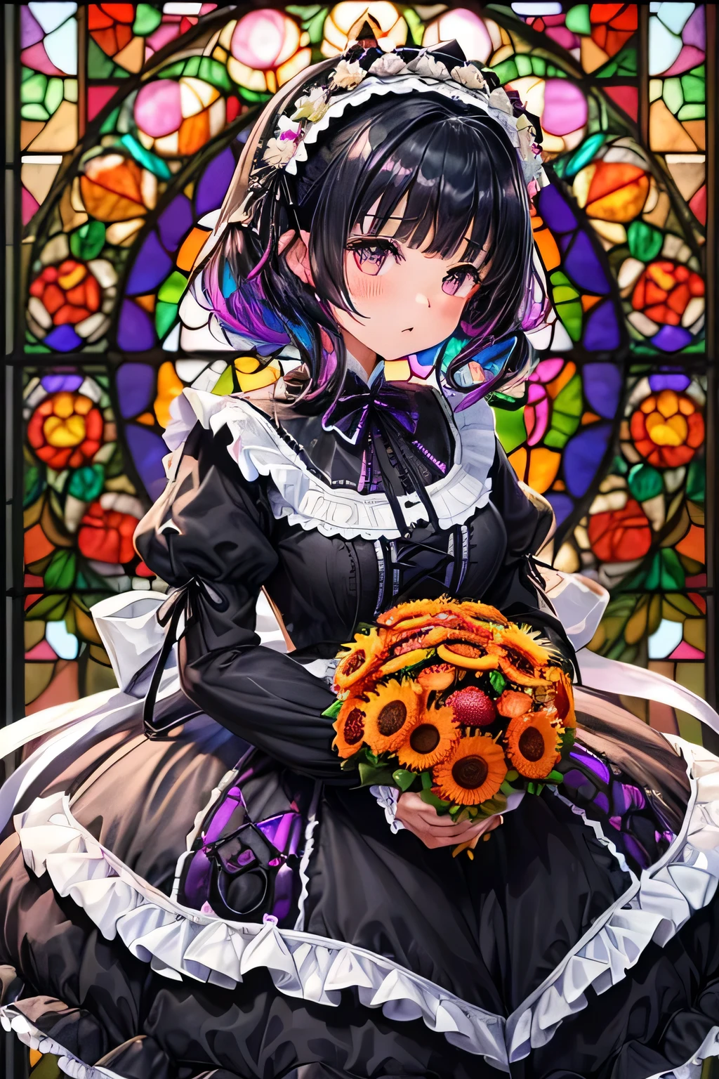 ((worst quality, low quality)), ((Bear-eared chemomimi girl:1.5)), (Gothic Lolita), ((Black-haired berry berry short:1.4)), (((Beautiful clear purple eyes:1.2))), plump and glossy lips, spoken word heart, A posture of leaning forward, perfect hands, (Mr.々decorated with brightly colored gerberas white&black Gothic Lolita:1.5), (voluminous frills:1.3), (basque waist:1.3), (crinoline、long multilayer volume ruffle skirt、Mr.々decorated with brightly colored gerberas:1.5), (intricate gerbera lace embroidery:1.6), (Mr.々decorated with brightly colored gerberasGothic Lolita:2.0), (In white pink high heels、Mr.々Decorated with fresh gerbera flowers of different colors:1.2), (((Stained glass window background:1.3))), ((shining sunlight)), (light particles, shine of light, light:1.4), muste piece,best quality,Super detailed,