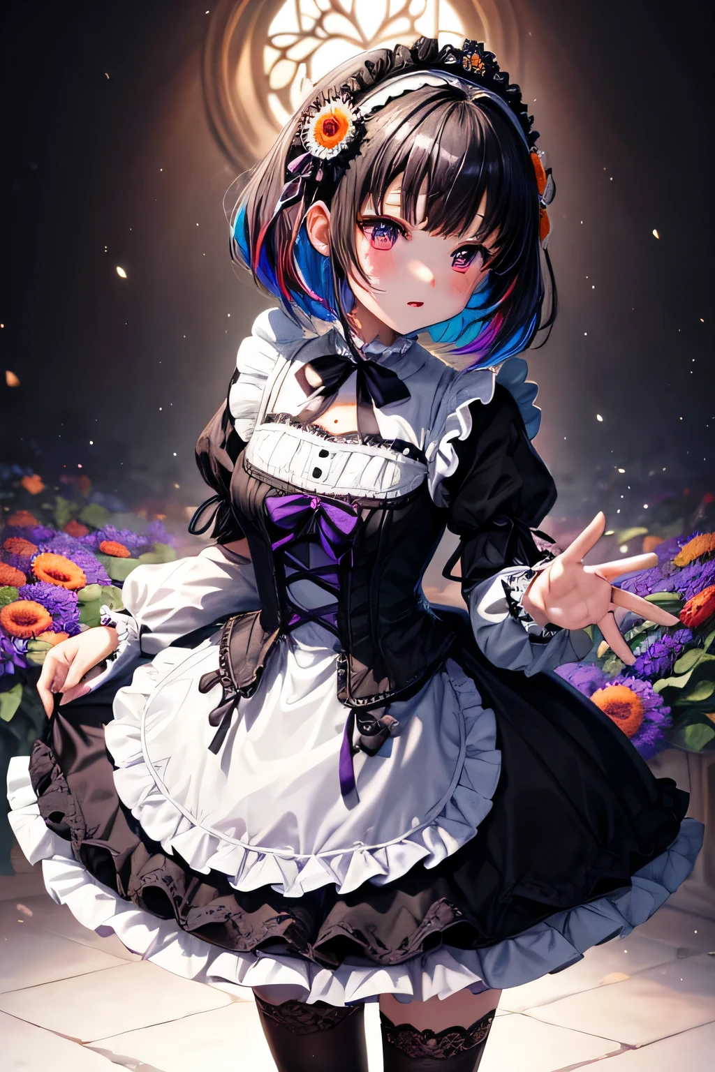 ((worst quality, low quality)), ((Bear-eared chemomimi girl:1.3)), (Gothic Lolita), ((Black-haired berry berry short:1.4)), (((Beautiful clear purple eyes:1.2))), plump and glossy lips, spoken word heart, A posture of leaning forward, perfect hands, (Mr.々decorated with brightly colored gerberas white&black Gothic Lolita:1.5), (voluminous frills:1.3), (basque waist:1.3), (crinoline、long multilayer volume ruffle skirt、Mr.々decorated with brightly colored gerberas:1.5), (intricate gerbera lace embroidery:1.6), (Mr.々decorated with brightly colored gerberasGothic Lolita:2.0), (In white pink high heels、Mr.々Decorated with fresh gerbera flowers of different colors:1.2), (Stained glass window background), ((shining sunlight)), (light particles, shine of light, light:1.4), muste piece,best quality,Super detailed,