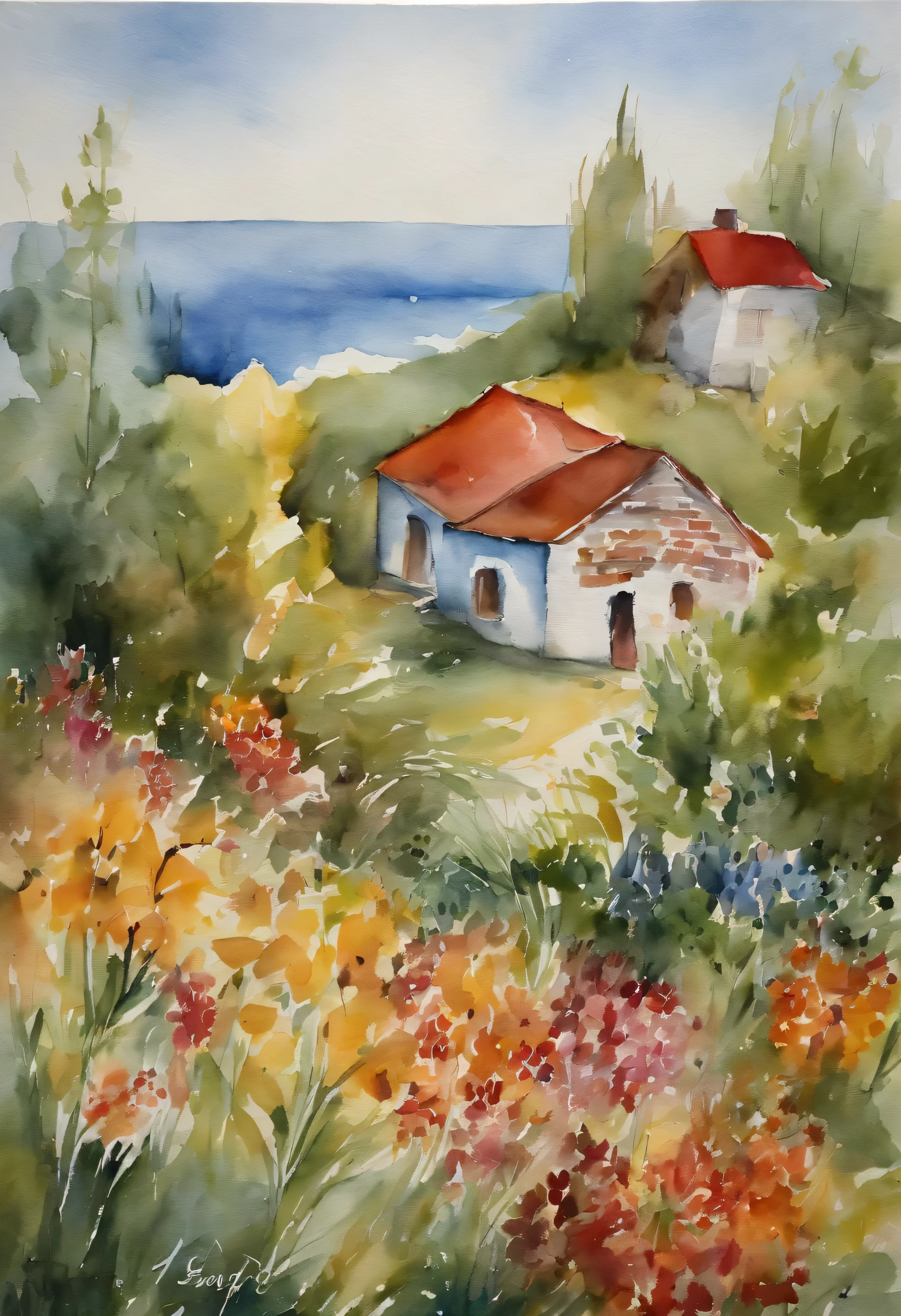 A mesmerizing 100% reverse watercolor painting showcasing the beauty of A collection of brush strokes In the form of parts of houses and flowers in seaside,here are hints of trees , and possibly a flowers in forest , not clearly defined random, infused with Mary Cassatt's tender strokes, the reverse watercolor technique creating an abstract and vibrant representation, Reverse watercolor painting on handmade watercolor paper, --Ar 1:1 --v 5