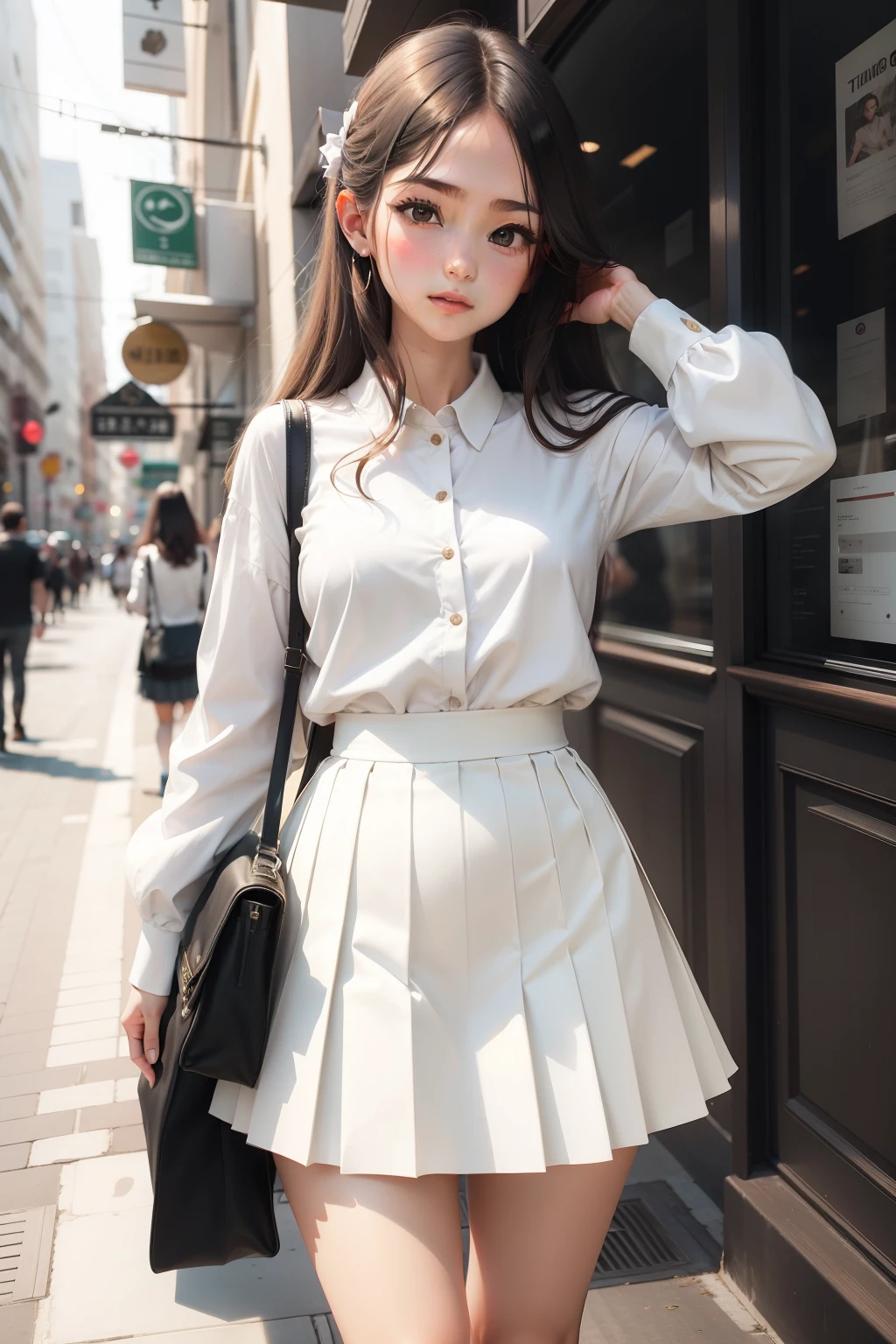 Girl in white pleated skirt