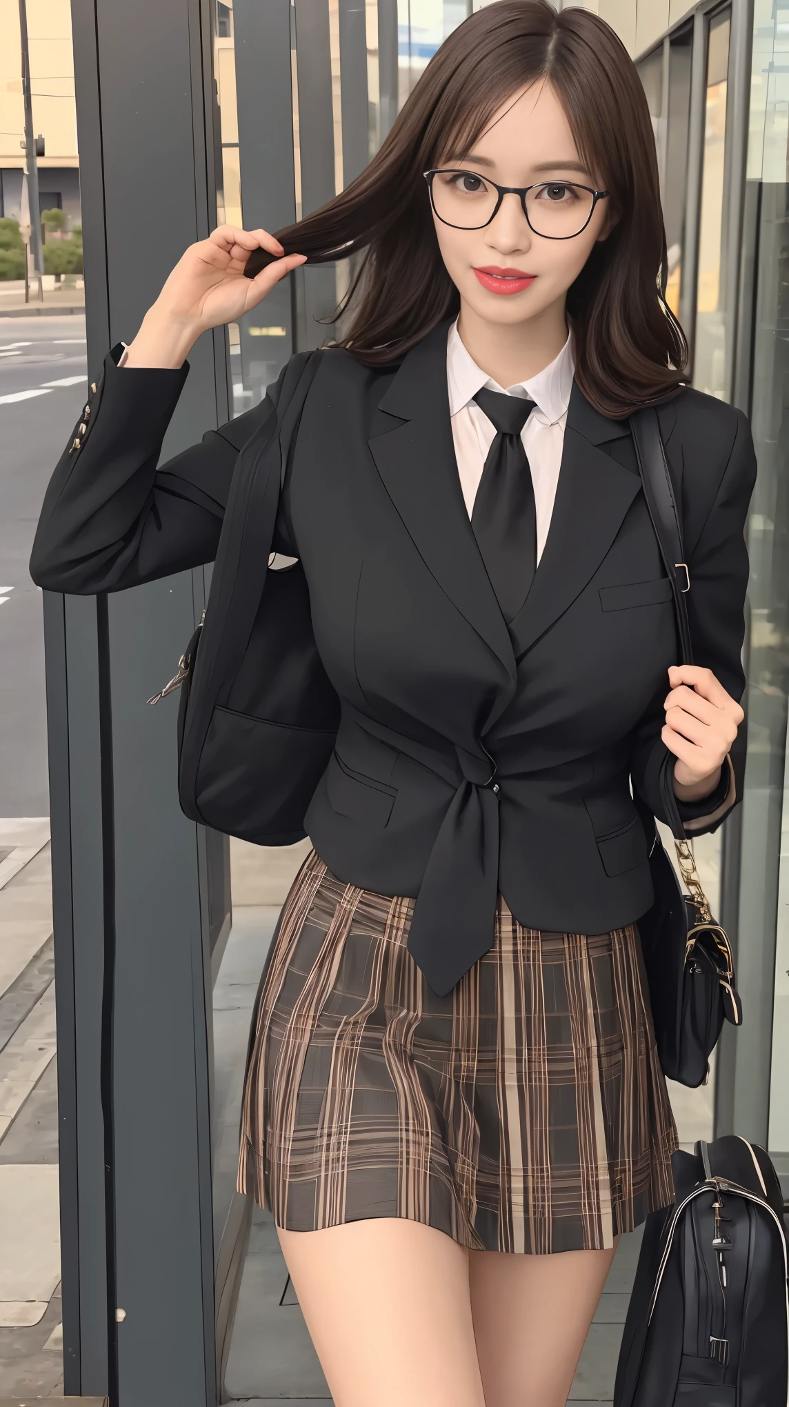 masterpiece, best quality, ultra-detailed, illustration,, (paisura:1.4), 1girl, glasses, big breasts, necktie, sexy sho skirt, bag, sexy , black hair, outdoors, road, between breasts, street, school bag, ground vehicle, danchi, japan,, slender body