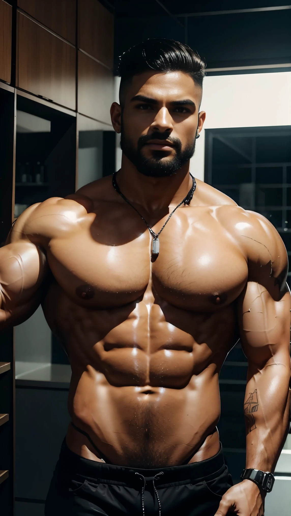 Homem latino, ele tem 30 anos. Homem tem cabelo preto liso undercut, Rosto lindo, corpo bodybuilder, corpo perfeito, Peitoral bem definido, muscular abdomen, skin oiled, Olhos detalhados, detailed hands. has a tattoo on his right arm. The man has a black Headphone hanging around his neck and holds a large film camera. Very high quality photography, 8k, tirada de uma Canon EOS R6.