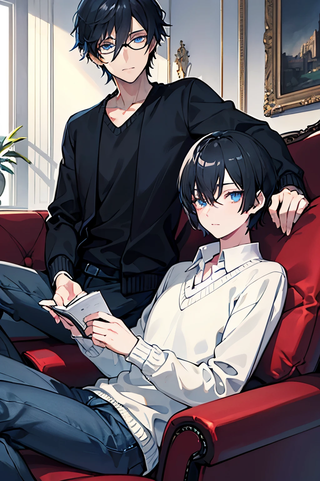 male　black hair　blue eyes　short hair　one person　sweater　slacks　aristocratic mansion　plush furnishings　Glasses　read a book on the sofa　cool　masterpiece　Highest image quality　noise removal　clear parts 　cinematic shadow　Increased attractiveness of the eyes　clear parts the shine of the eyes　Draw eyelashes neatly　perfect eyes　detailed eyes　Sharpen image quality　Sharpen eye writing　clear parts eye shape