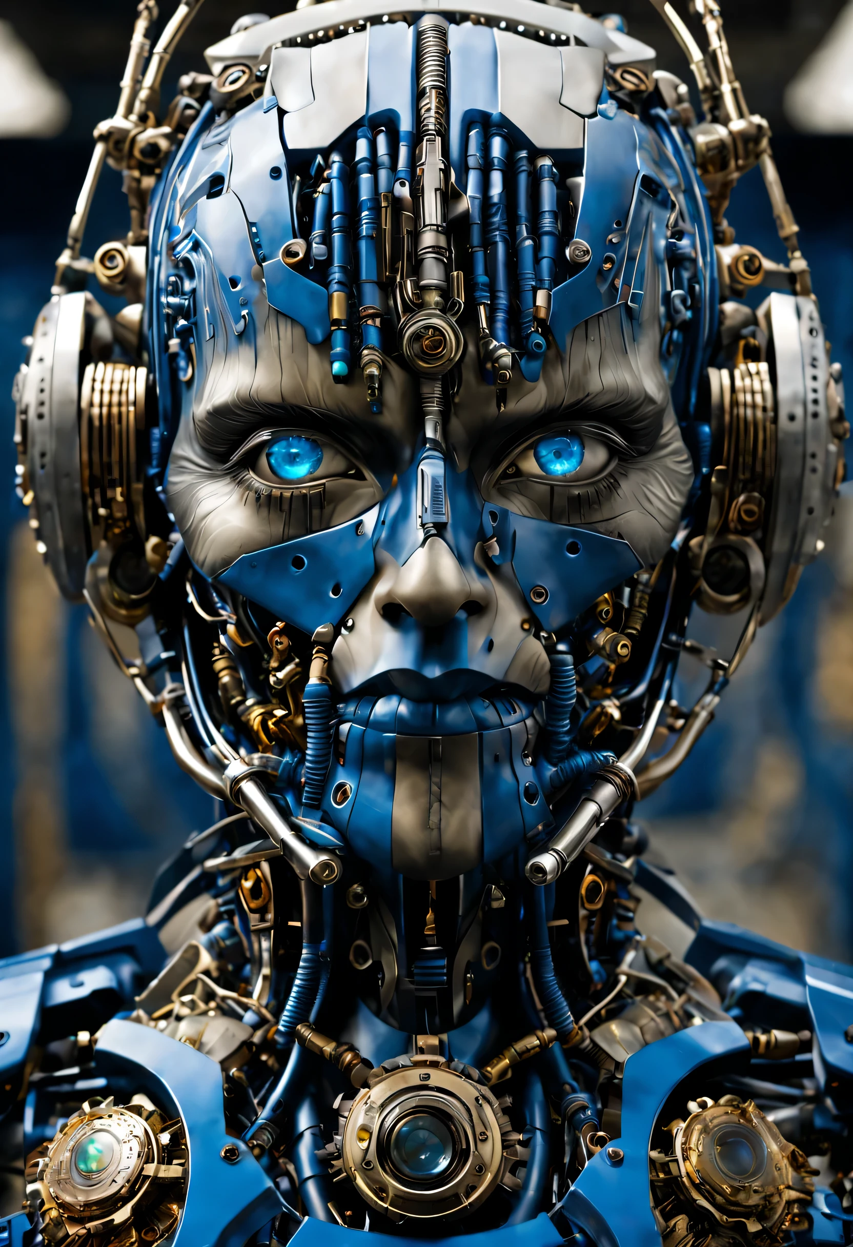 a futuristic cyborg with a human-like body and face constructed from sleek metal and mechanical parts. The cyborg should be depicted facing front, with its blue eyes glowing brightly to convey an otherworldly presence. Its metal components should be intricately detailed, with visible seams and rivets that add to the realism of the depiction.

The background of the image should reflect a post-apocalyptic era, with desolate landscapes and ruins stretching into the distance. The sky should be tinged with an ominous hue, hinting at the cataclysmic events that have reshaped the world. The overall atmosphere should evoke a sense of both awe and dread, highlighting the contrast between the advanced technology of the cyborg and the bleakness of its surroundings.

Lens Description:

The photograph should be taken with a lens that captures the intricate details of the cyborg's metal components, enhancing the sharpness and clarity of the image. The lens should also emphasize the contrast between the cyborg's futuristic appearance and the desolate backdrop, adding depth and drama to the scene. This image should evoke a sense of wonder and intrigue, inviting viewers to ponder the possibilities of a post-apocalyptic future where humanity and technology converge