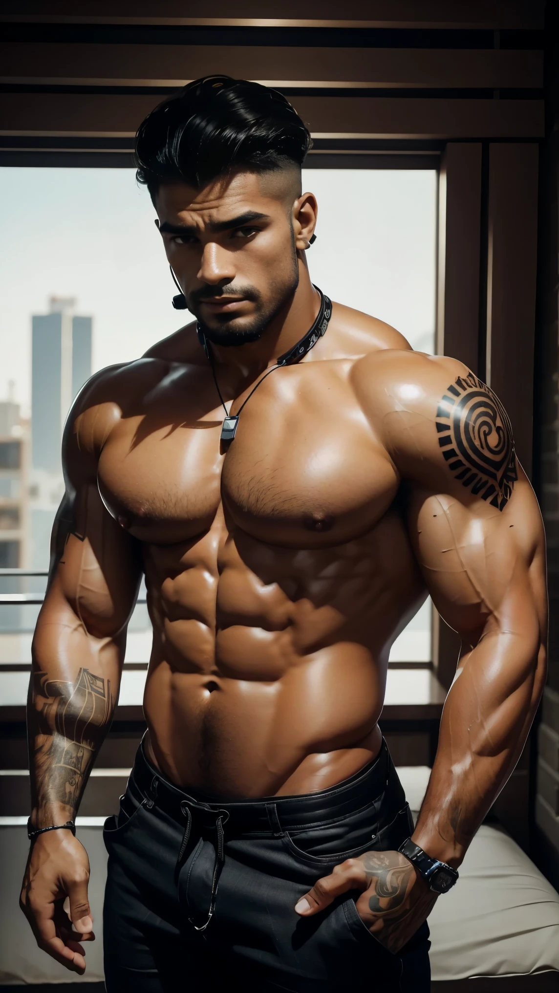 Homem latino, ele tem 30 anos. Homem tem cabelo preto liso undercut, Rosto lindo, corpo bodybuilder, corpo perfeito, Peitoral bem definido, muscular abdomen, skin oiled, Olhos detalhados, detailed hands. has a tattoo on his right arm. The man has a Headphone hanging around his neck and holds a film camera. Very high quality photography, 8k, tirada de uma Canon EOS R6.