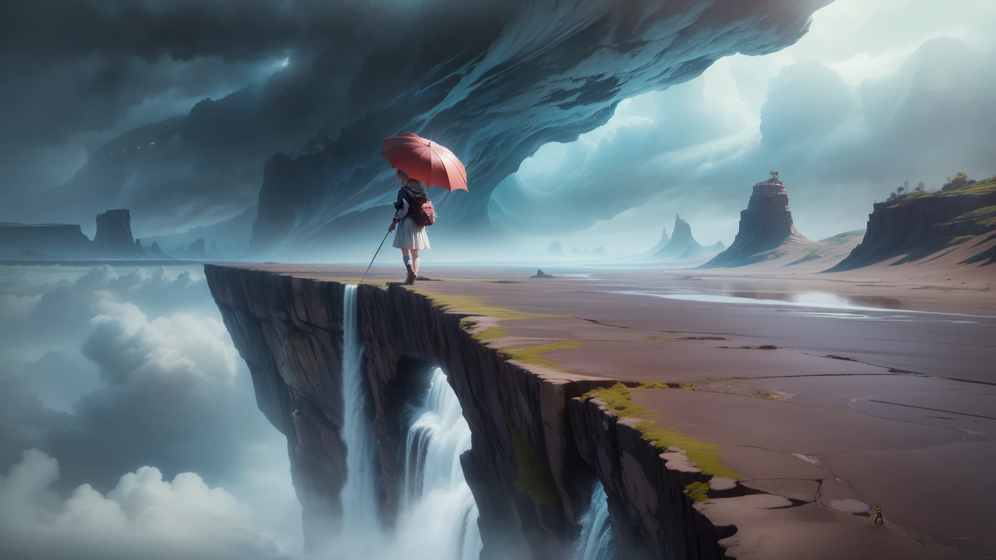 "((Adventurous))(( girl)), exploring alien landscapes, dramatic cloudscape, vast horizon, cinematic framing, rule of thirds, dynamic composition, stormy weather, powerful presence of the eye in the sky"
