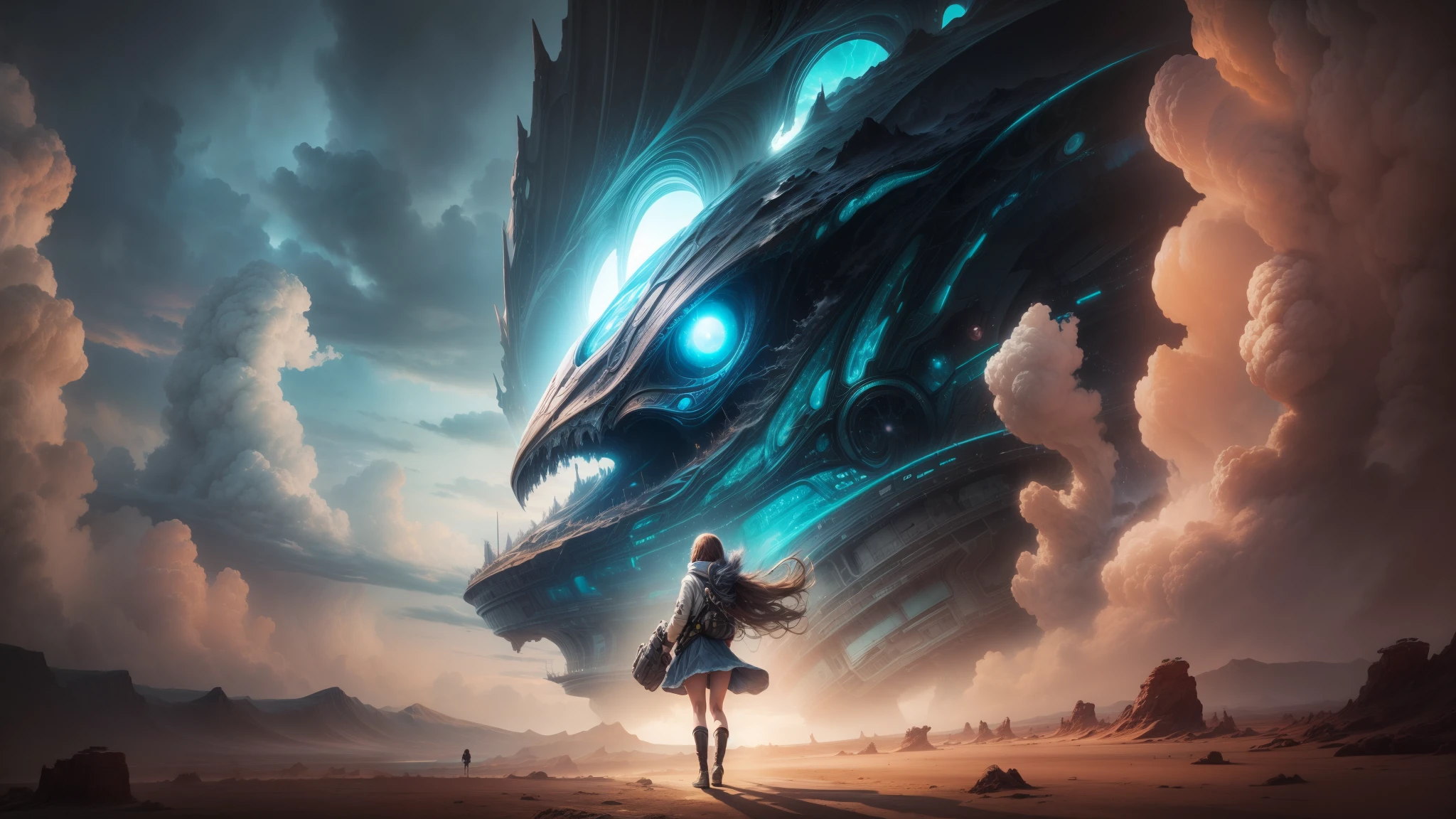 "((Adventurous))(( girl)), exploring alien landscapes, dramatic cloudscape, vast horizon, cinematic framing, rule of thirds, dynamic composition, stormy weather, powerful presence of the eye in the sky"