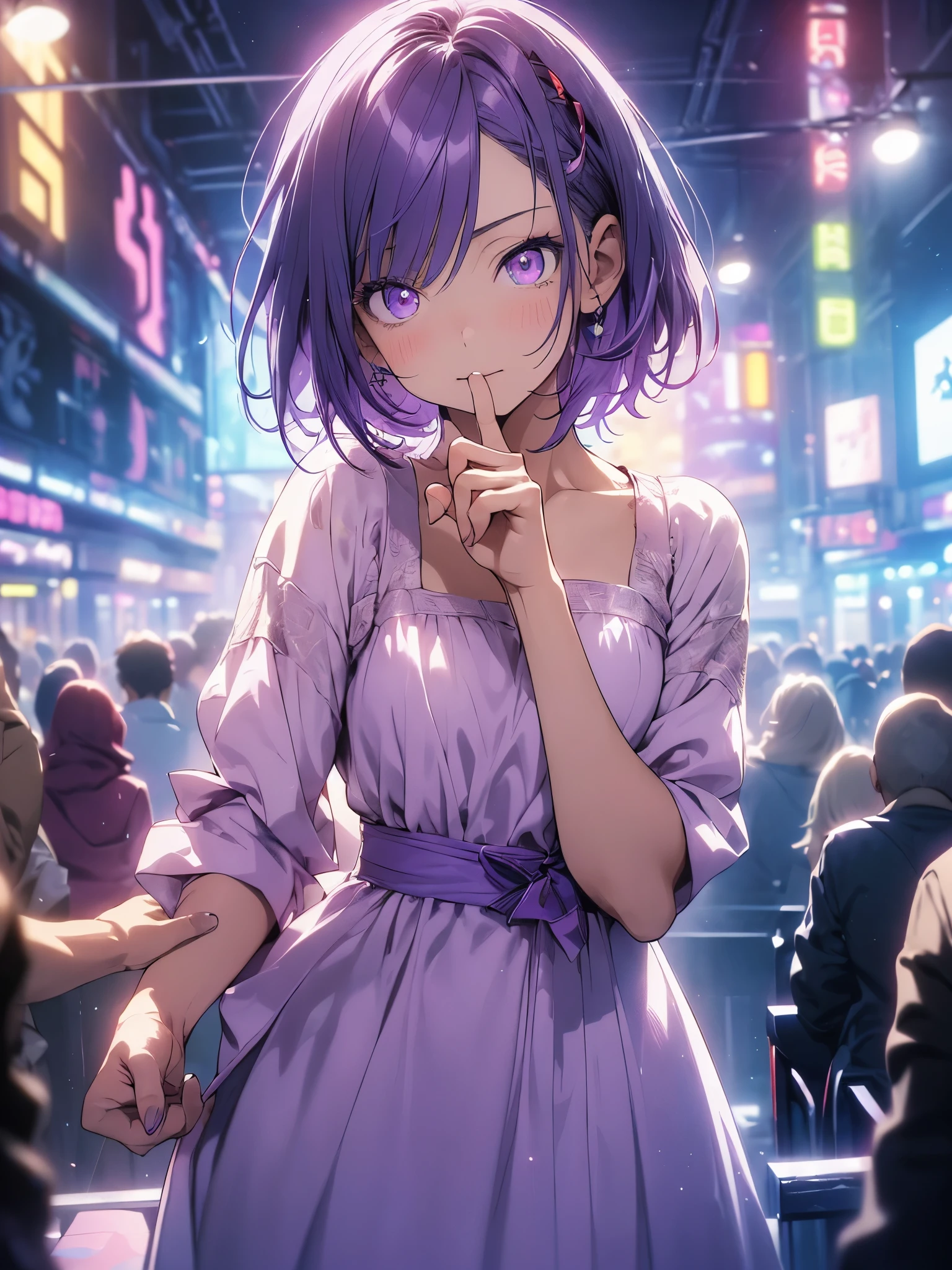 anime style, movieポートレート写真, 1 female, 30 years old, Full body Esbian, small and meager chest, bright purple hair, short hair, red eyes, wearing a plain purple dress, (natural skin texture vivid details, surreal, (realistic detailed eyes, natural skin texture, realistic facial details), soft and dramatic lighting,neon room、Depth of written boundary, Bokeh, vivid details, surreal, 35mm movie, hazy blur, movie,fancy purple nails、makeup、yellow eye background,sharp eyes,the corners of the mouth rise、laughter、Delicately drawn fingers、Detailed single finger、perfect hands、model pose,secret