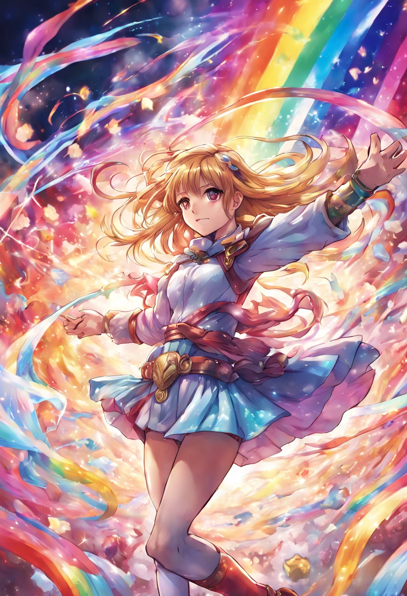 1girl, A magical girl standing victorious over a defeated fantastical enemy, surrounded by a rainbow of magical energies swirling around her in rich varied colors. Dynamic, brightly lit manga panel artwork.