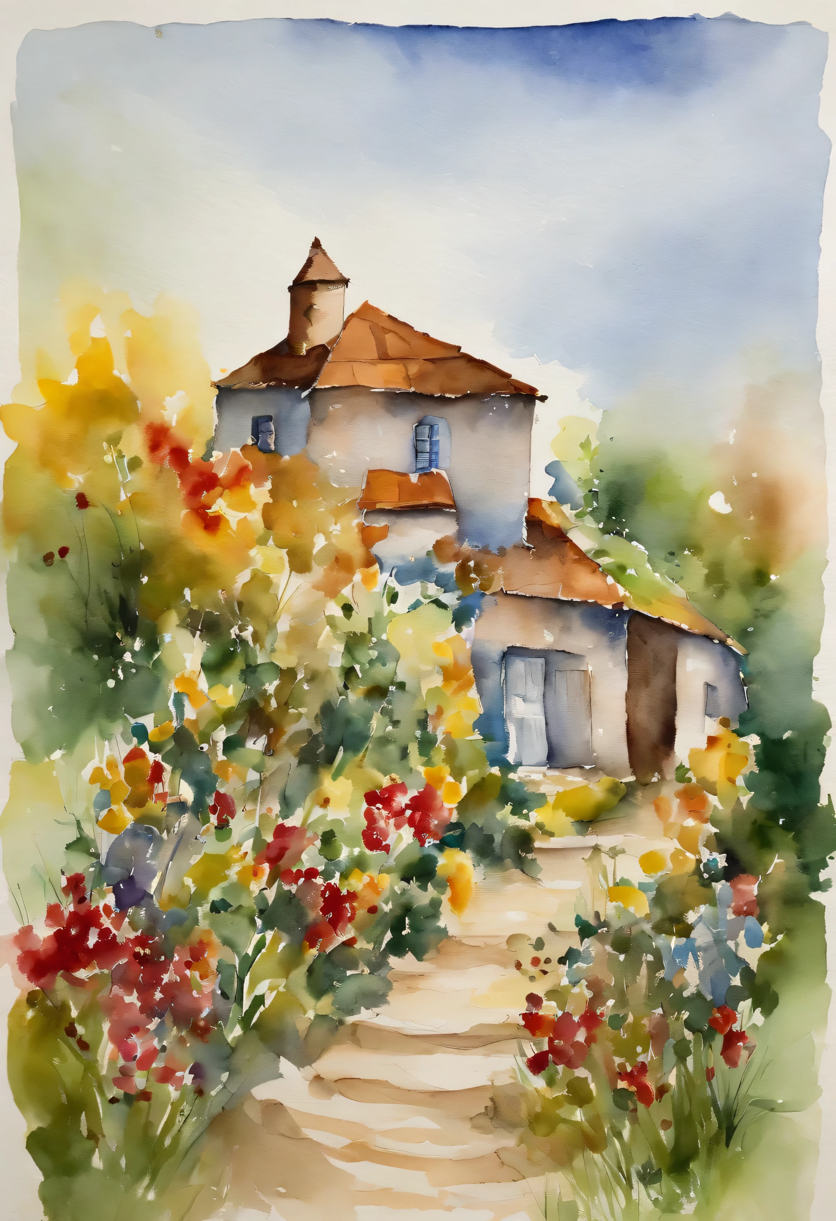 A mesmerizing 100% reverse watercolor painting showcasing the beauty of A collection of brush strokes In the form of parts of houses and flowers in seaside,here are hints of trees , and possibly a flowers in forest , not clearly defined random, infused with Mary Cassatt's tender strokes, the reverse watercolor technique creating an abstract and vibrant representation, Reverse watercolor painting on handmade watercolor paper, --Ar 1:1 --v 5