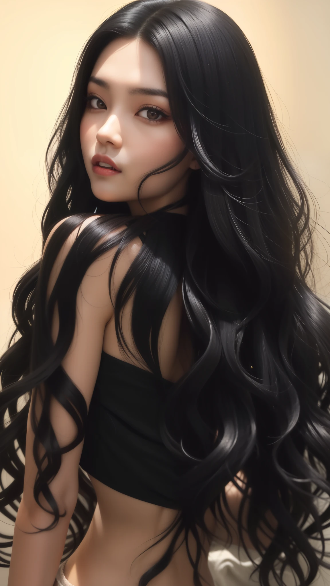 Asian woman araffed with long black hair and a black top, cabelo preto longo detalhado, flowing black hair, cabelo preto longo e ondulado, long flowing black hair, longos cabelos pretos desgrenhados pelo vento, long cabelo preto ondulado, cabelo preto ondulado, messy long black hair, cabelo preto longo e brilhante, long flowing dark hair, cabelo preto longo e fino, very long flowing dark hair