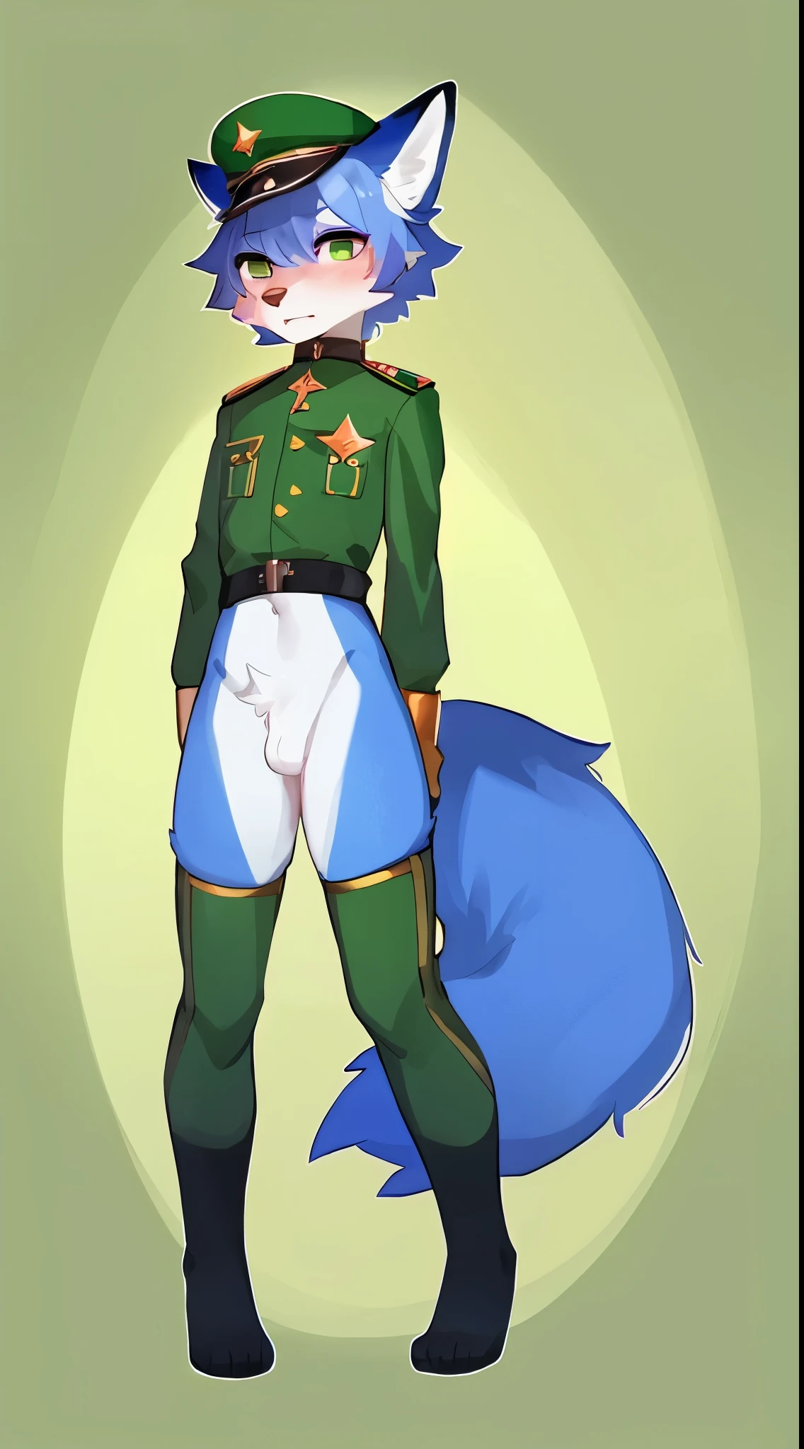 by Gunnesan, by bebebebebe, alone, male, Shota, eyelash, Eyeliner, lips,small waist, wide hips,timid fox,furry tail,femboy, thin waist,Sexy,buttocks,Dwarf,nude,weak, weak, Skrunkley, messy fur, hair, Shy, (nose), (blue fur),(green military uniform),(red star green military cap),(sin pantalon)