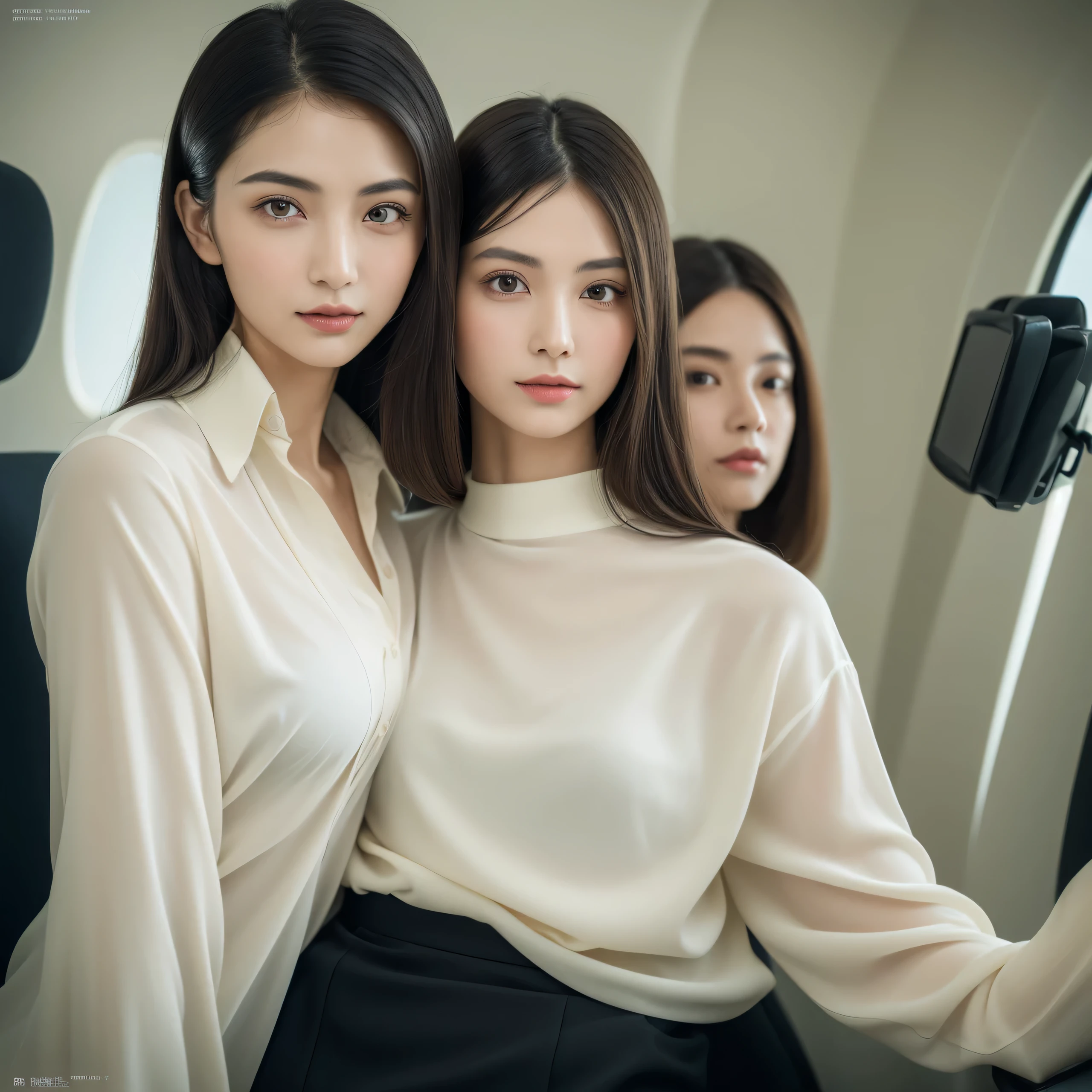 highest quality, masterpiece, 8K, ultra high resolution, (realistic:1.4), very detailed, intricate details, delicate and beautiful, good lighting, professional lighting, sharp focus, detailed shadow, Exquisite detail and texture, Depth of bounds written, unity 8K wallpaper, cinematic composition, cinematic lighting, official art, beautiful japanese woman, flight attendant, flight attendant, black pantyhose, ((aircraft, (aircraft回廊), aircraftの座席)) (Beautiful elegant face, Beautifully symmetrical detailed face), realistic hair, long hair, (1 girl), (Are standing:1.3), white colored clothing, (8 heads tall), (Fair skin, fine-textured skin:1.7), (discerning, clear & Big eyes, Eyes with beautiful symmetry details: 1.5), (When I look at the camera, it's in focus:1.5), (a little smile), (small head, thin face, Somewhat Elongated Face:1.2),(kind and gentle person:1.4)