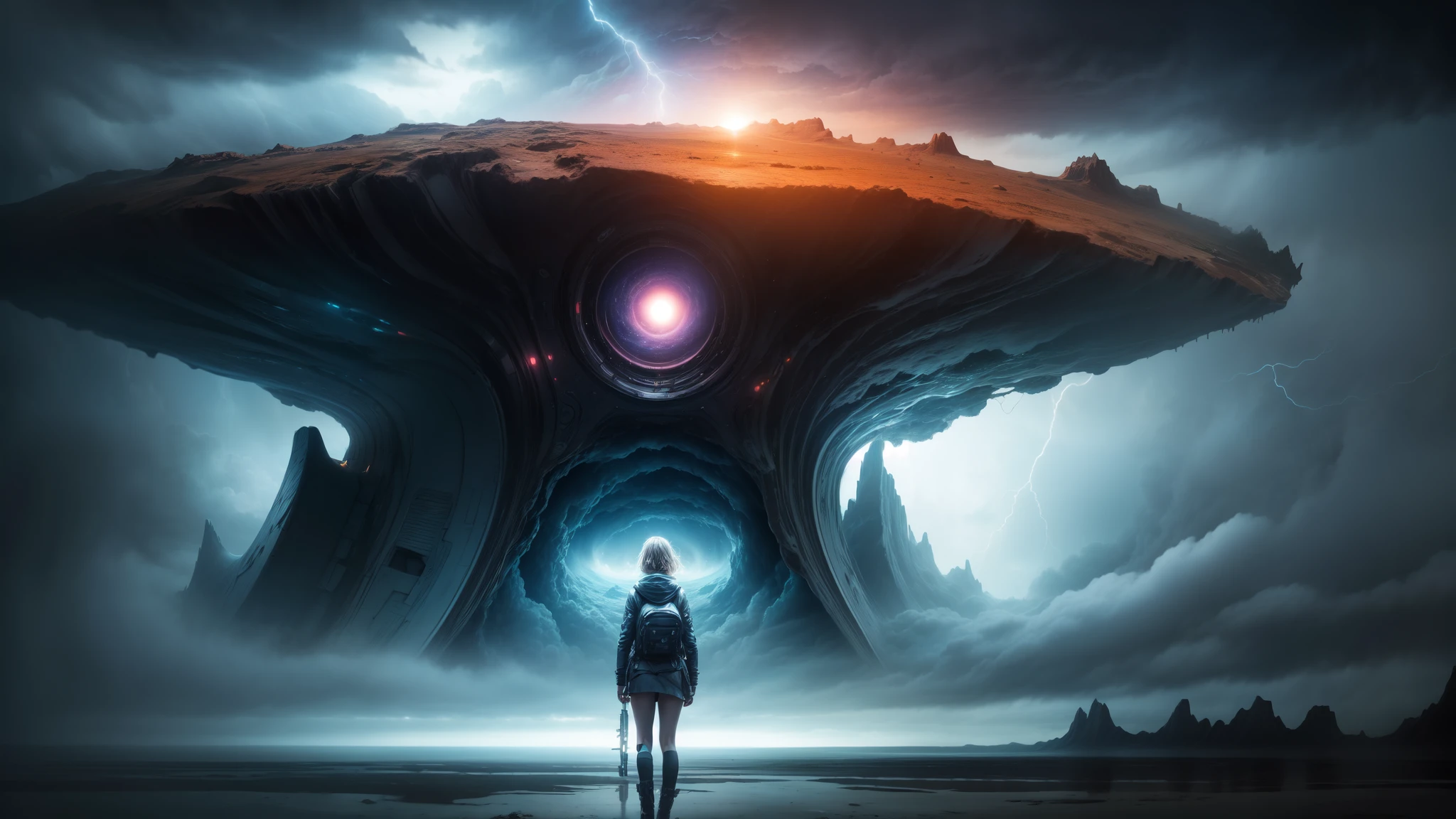 "((Adventurous))(( girl)), exploring alien landscapes, dramatic cloudscape, vast horizon, cinematic framing, rule of thirds, dynamic composition, stormy weather, powerful presence of the eye in the sky"