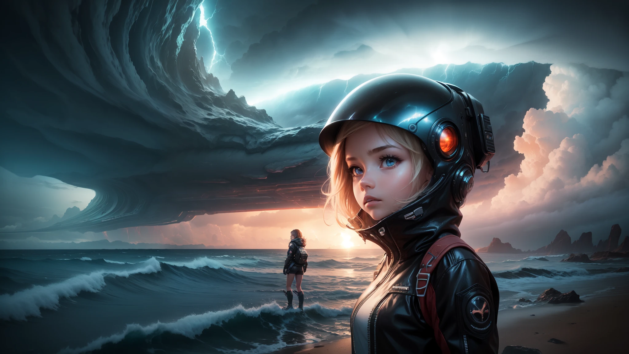 "((Adventurous))(( girl)), exploring alien landscapes, dramatic cloudscape, vast horizon, cinematic framing, rule of thirds, dynamic composition, stormy weather, powerful presence of the eye in the sky"