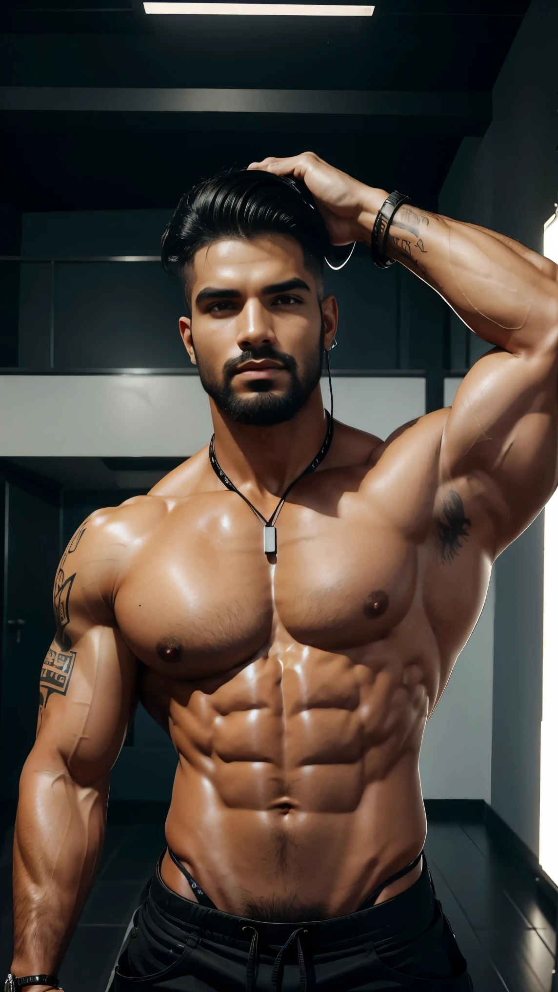 Homem latino, ele tem 30 anos. Homem tem cabelo preto liso undercut, Rosto lindo, corpo bodybuilder, corpo perfeito, Peitoral bem definido, muscular abdomen, skin oiled, Olhos detalhados, detailed hands. has a tattoo on his right arm. has a large black Headphone hanging around his neck and holds a large film camera. Very high quality photography, 8k, tirada de uma Canon EOS R6. 