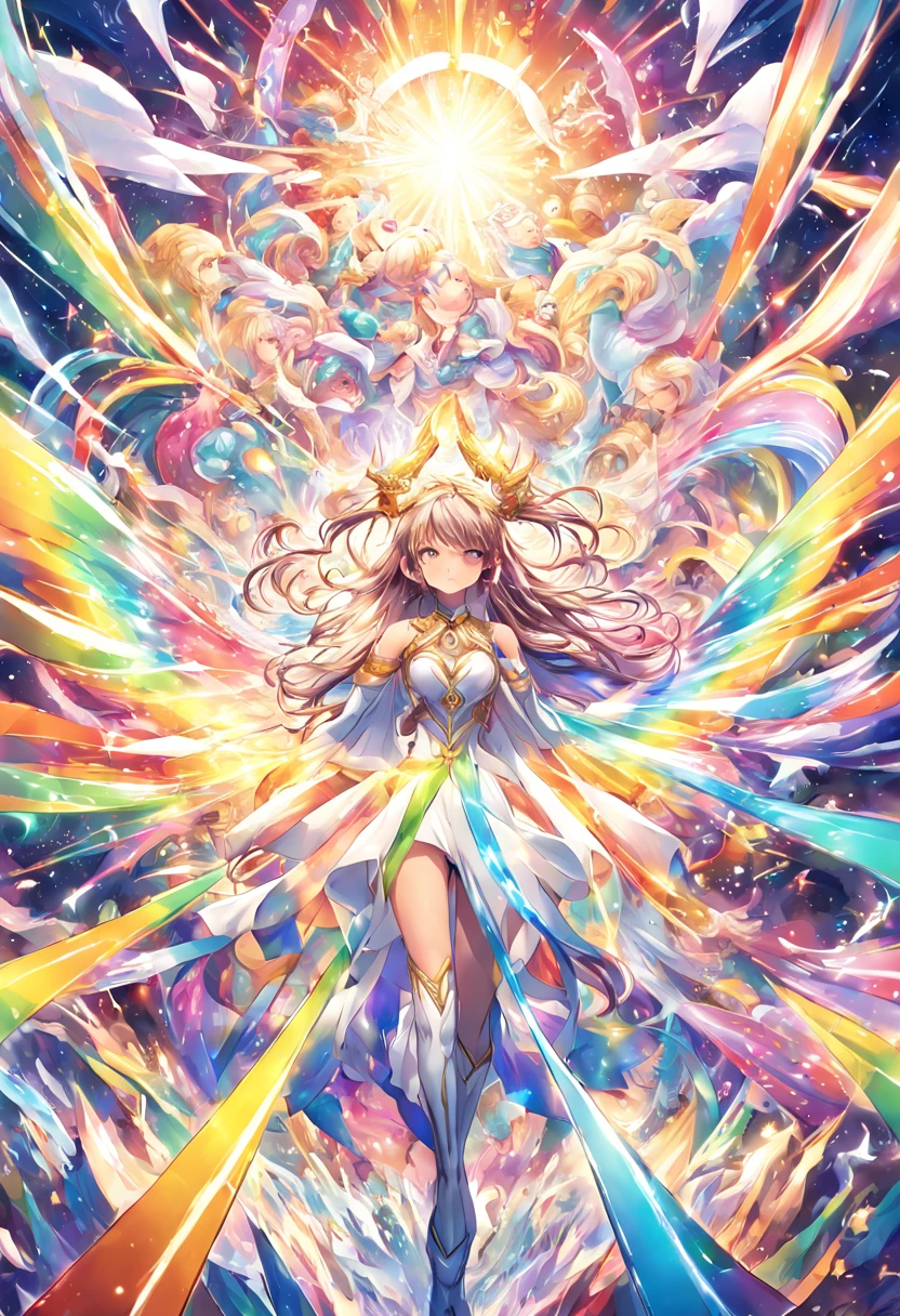 1girl, A magical girl standing victorious over a defeated fantastical enemy, surrounded by a rainbow of magical energies swirling around her in rich varied colors. Dynamic, brightly lit manga panel artwork.