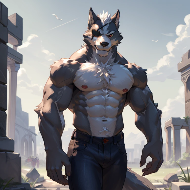 werewolf,male,adult,alone,4K,best quality,Best quality,,whole body,looking at the audience,,hairy body,Topless,No clothes on,bared  chest, Hairy chest,furry tail ,Lean muscles,slim body(Athletic body:1.0), Pink nipples, Six-pack abs, anatomically correct,Delicate fur,pride,soft shadow,majestic (Detailed face, High quality eyes:1.1),red eyes,Sharp eyes,The right eye is injured and needs an eyepatch,black eye mask,Grandiose,Valiantary,jeans,Smile confidently,Strong,mature,Ruins background,Blue sky and white clouds,