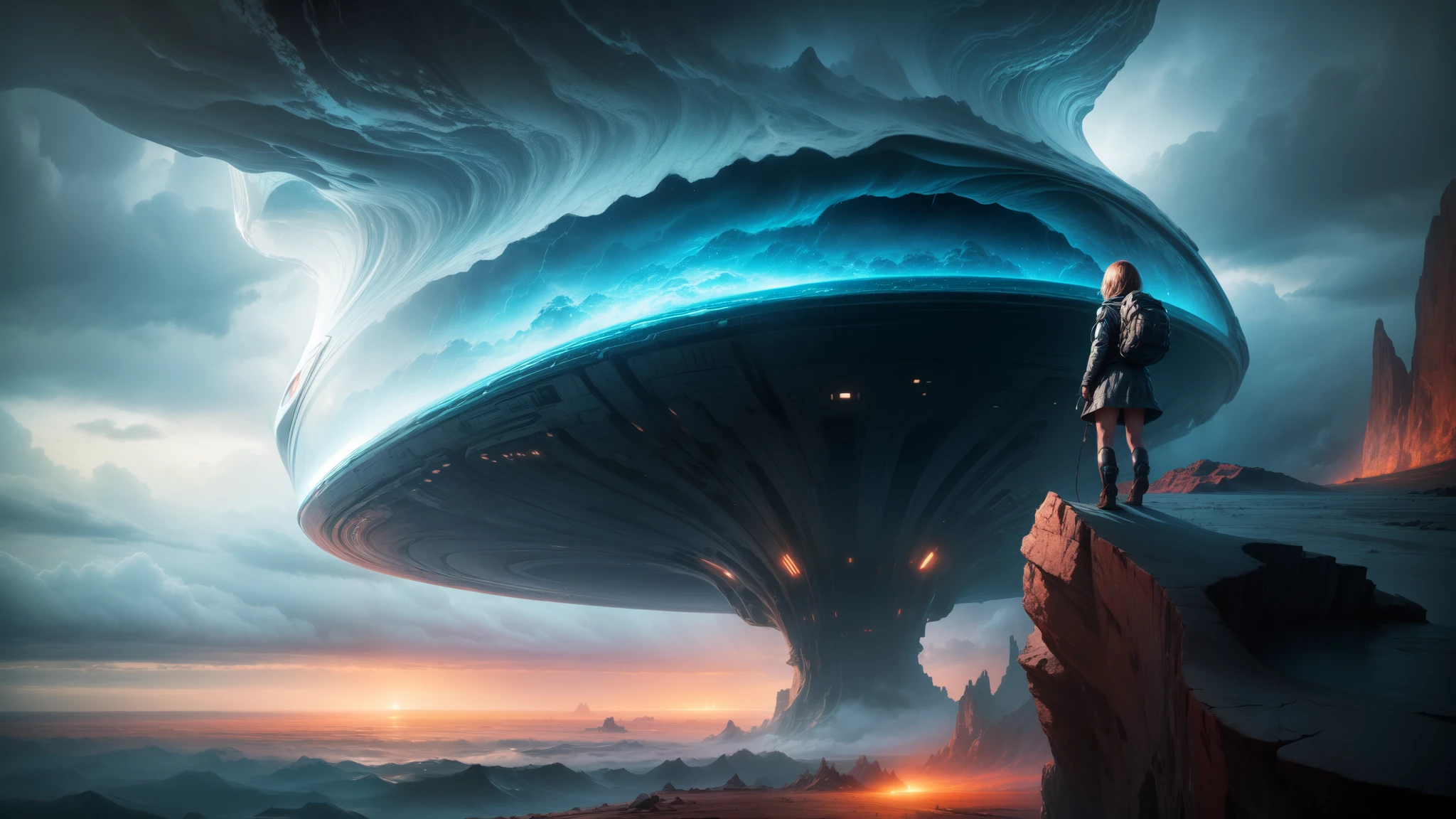 "((Adventurous))(( girl)), exploring alien landscapes, dramatic cloudscape, vast horizon, cinematic framing, rule of thirds, dynamic composition, stormy weather, powerful presence of the eye in the sky"