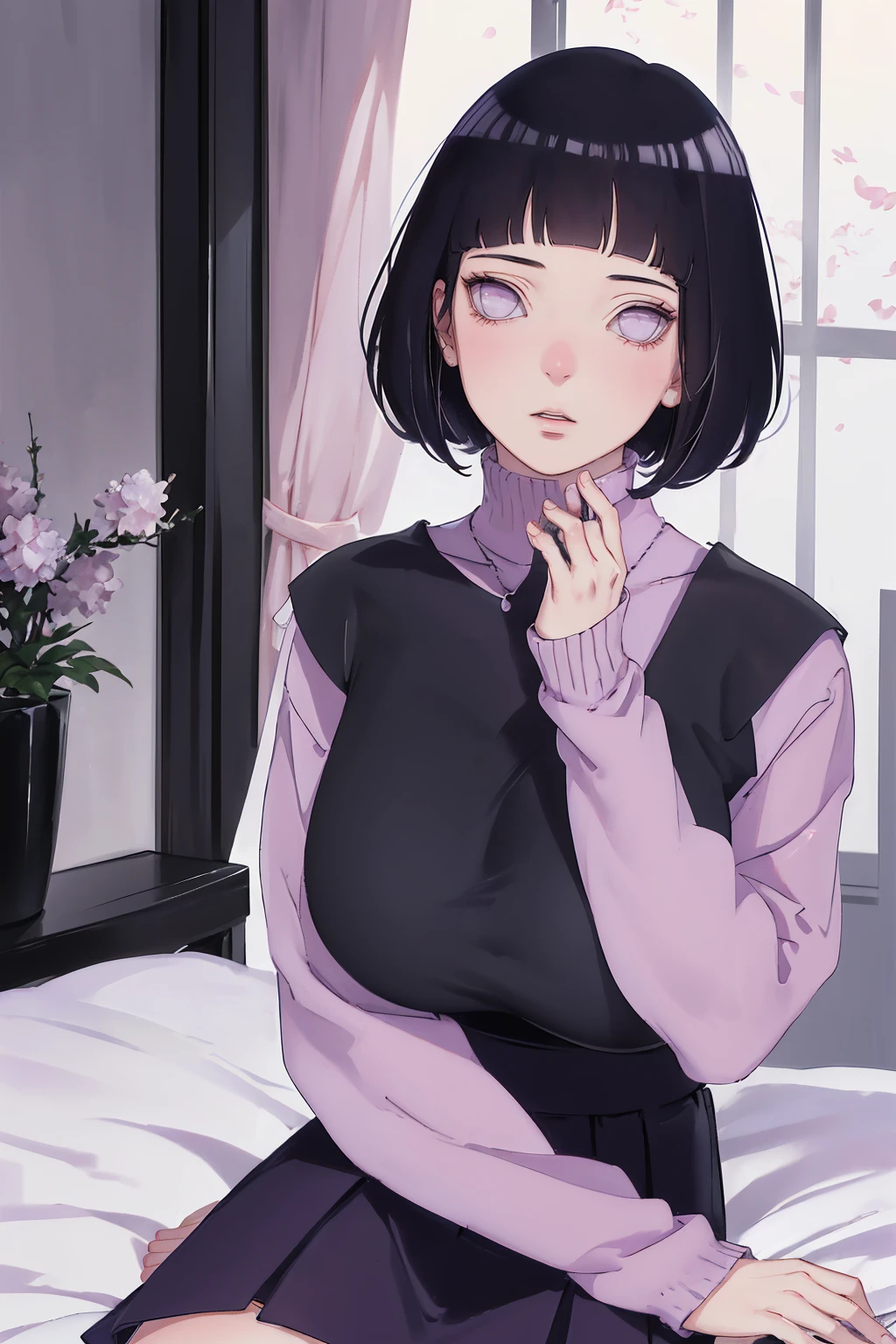 { - anatomy error} (Masterpiece - Ultra-detailed, very high resolution) (huge titusty, masterpiece, absurdres, hinata\(boruto\), 1girl, solo,mature female, off-shoulder bra, high waist black short skirt, looking at viewelling petals), perfect composition, detailed lips, big breast, beautiful face, body propotion, blush, (pink lips), short hair, (black hair), purple eyes, soft gaze, super realistic, detailed, photoshoot, realistic face and body, closed mouth, sitting on the bed , lilac eyes, full body, lace clothes, with chin resting on shoulder, perfect fingers