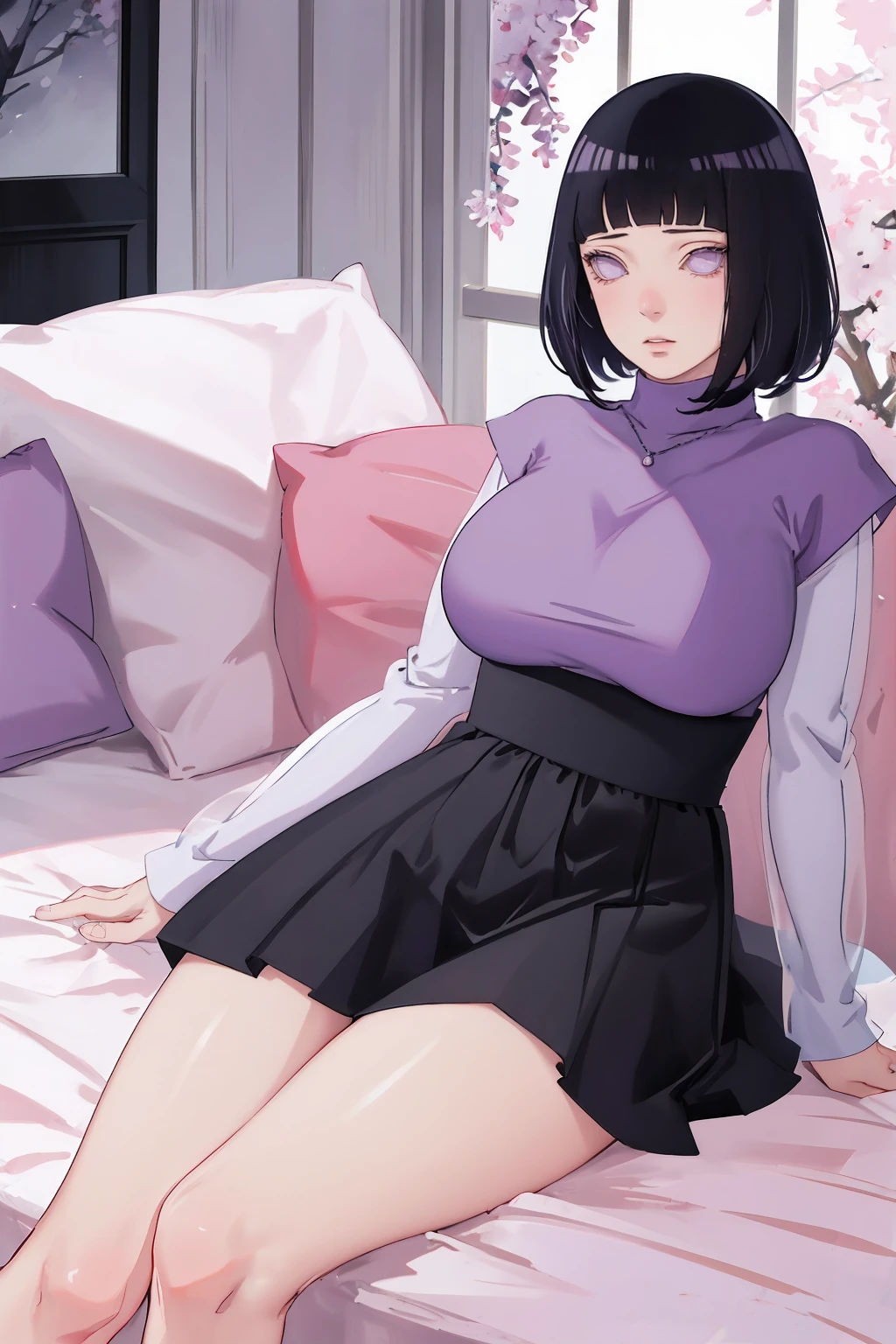{ - anatomy error} (Masterpiece - Ultra-detailed, very high resolution) (huge titusty, masterpiece, absurdres, hinata\(boruto\), 1girl, solo,mature female, lilac turtleneck blouse, high waist black short skirt, looking at viewelling petals), perfect composition, detailed lips, big breast, beautiful face, body propotion, blush, (pink lips), short hair, (black hair), purple eyes, soft gaze, super realistic, detailed, photoshoot, realistic face and body, closed mouth, sitting on the bed , lilac eyes, full body,  with chin resting on shoulder, perfect fingers