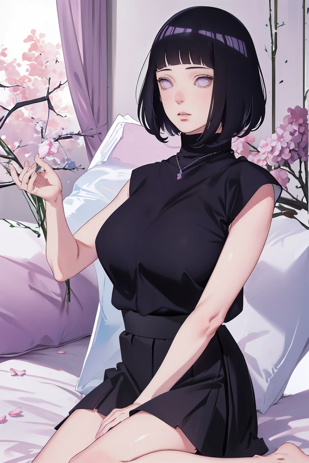 { - anatomy error} (Masterpiece - Ultra-detailed, very high resolution) (huge titusty, masterpiece, absurdres, hinata\(boruto\), 1girl, solo,mature female, lilac turtleneck blouse, high waist black short skirt, looking at viewelling petals), perfect composition, detailed lips, big breast, beautiful face, body propotion, blush, (pink lips), short hair, (black hair), purple eyes, soft gaze, super realistic, detailed, photoshoot, realistic face and body, closed mouth, sitting on the bed , lilac eyes, full body,  with chin resting on shoulder, perfect fingers